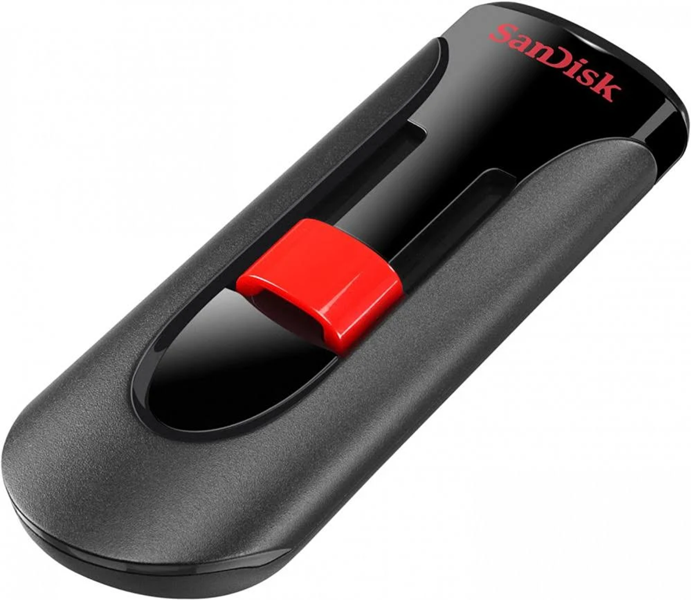 Unità USB SanDisk nera e grigia con un cursore rosso. Lo sfondo è bianco.