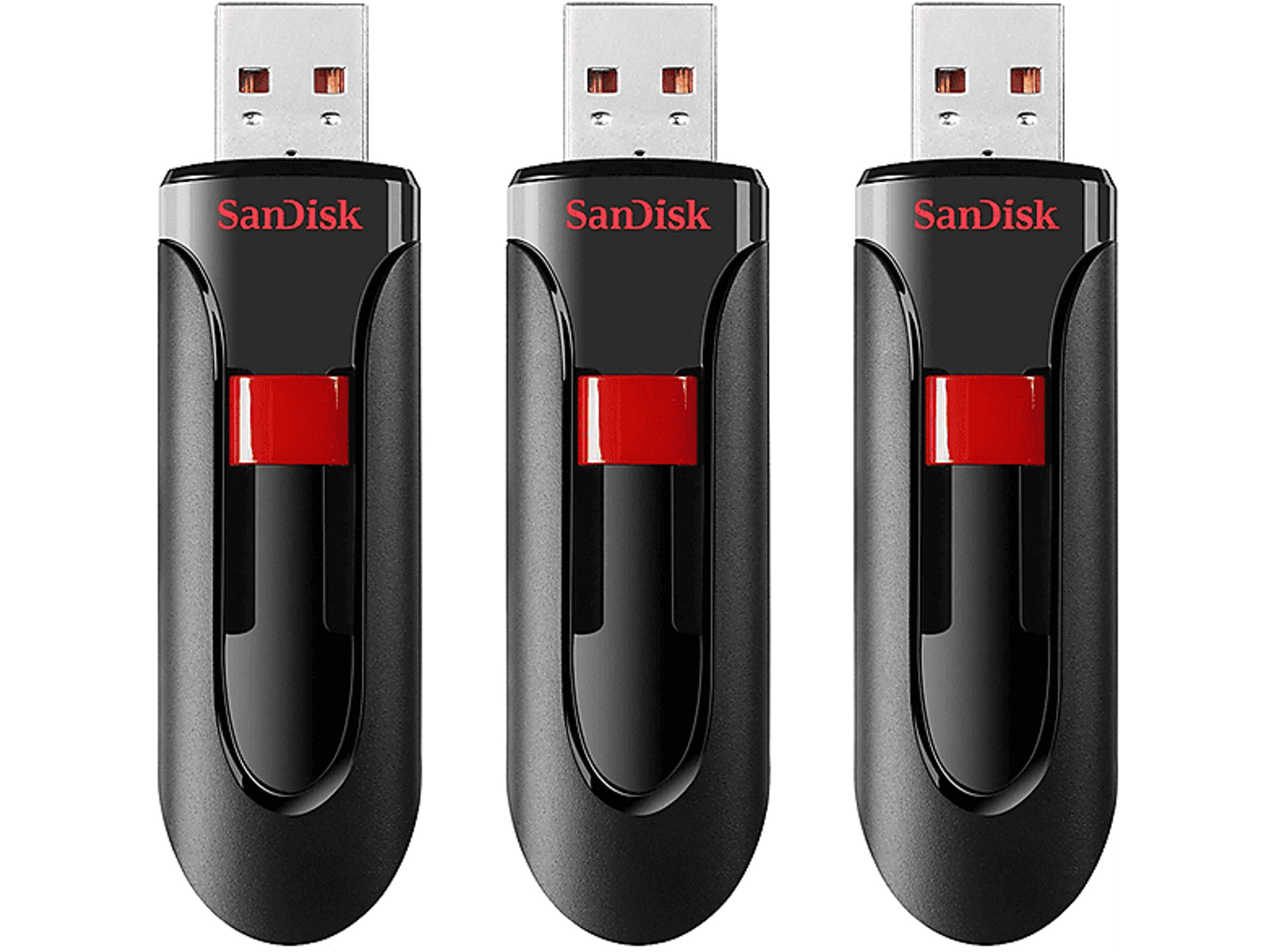 Tre unità USB SanDisk nere e rosse con un pulsante rosso.
