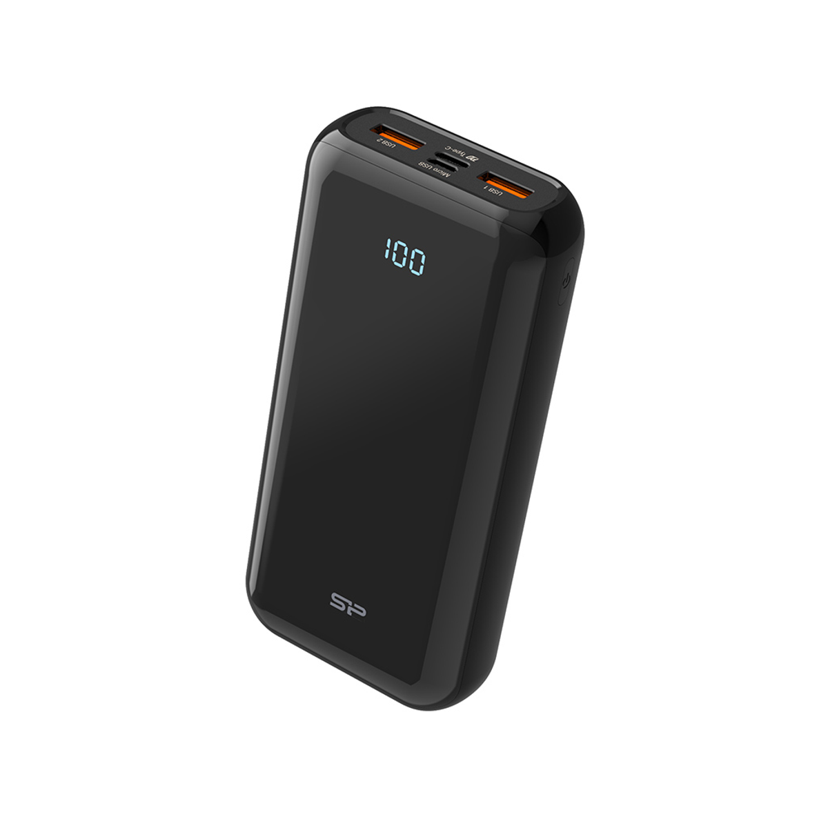 Een zwarte powerbank met een digitale display die '100' laat zien, wordt schuin gepresenteerd.
