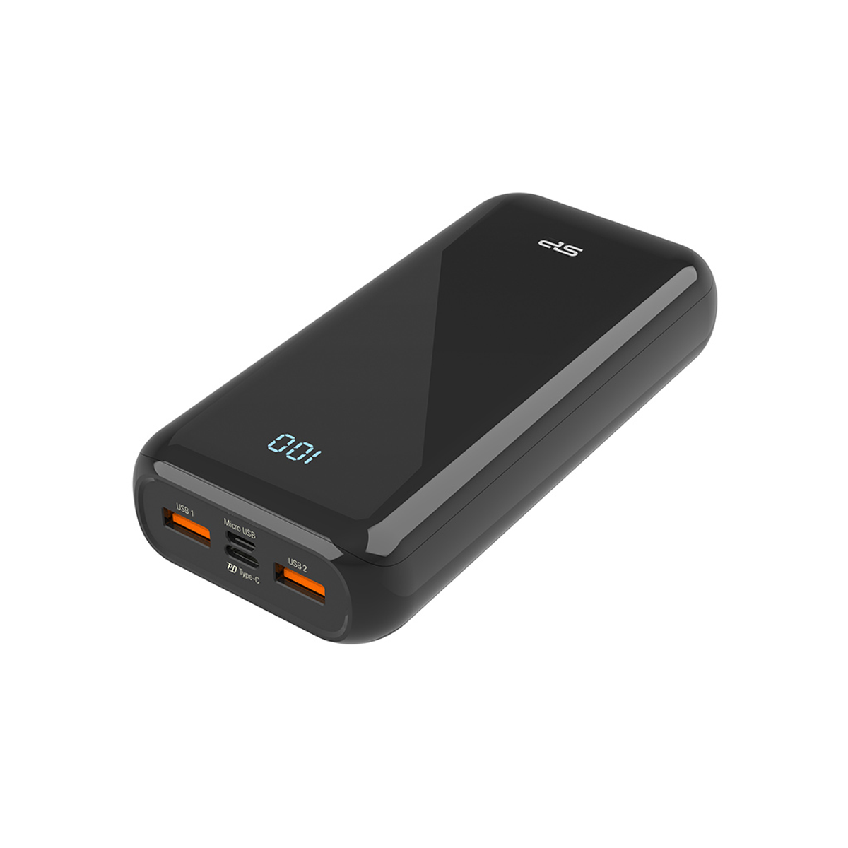Zwarte powerbank met USB- en USB-C-poorten. Display toont '100'. Zwart oppervlak.