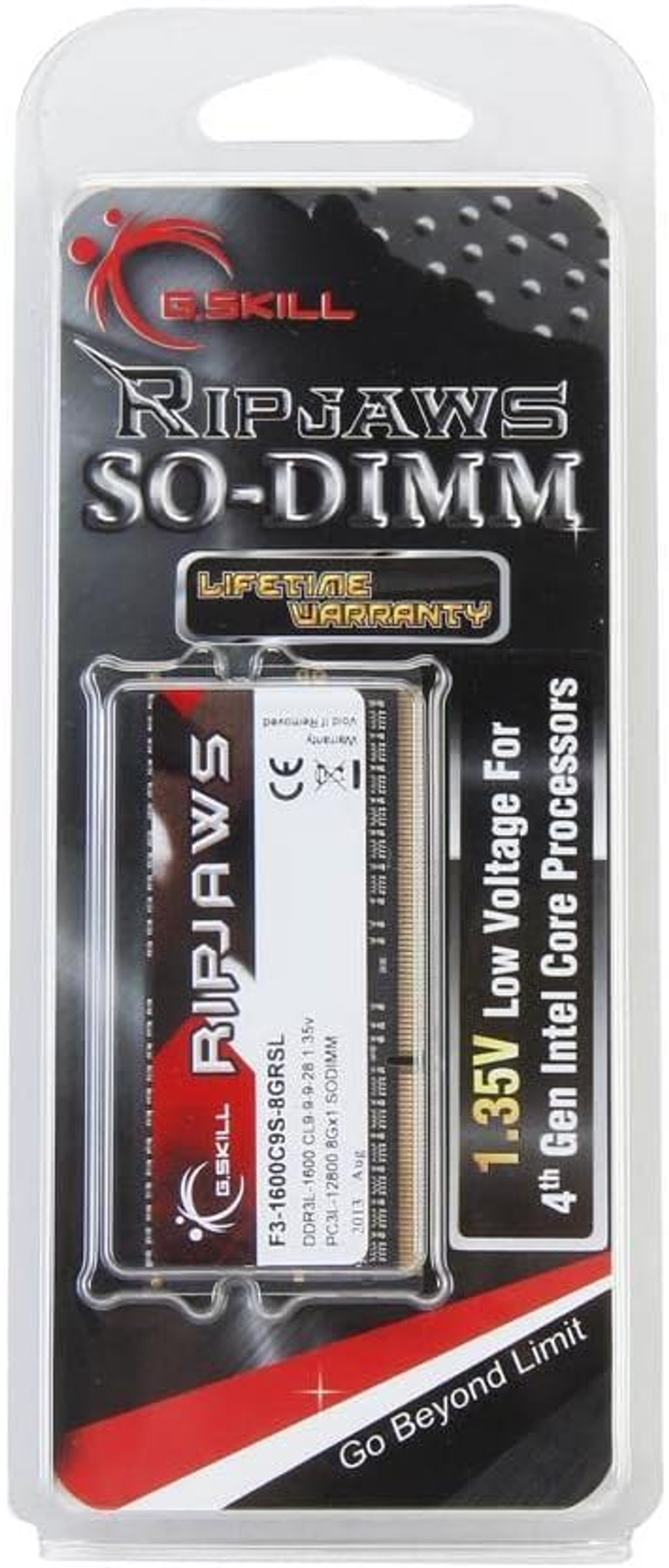 Pamięć RAM G.Skill Ripjaws SO-DIMM w przezroczystym plastikowym opakowaniu z tekstem.