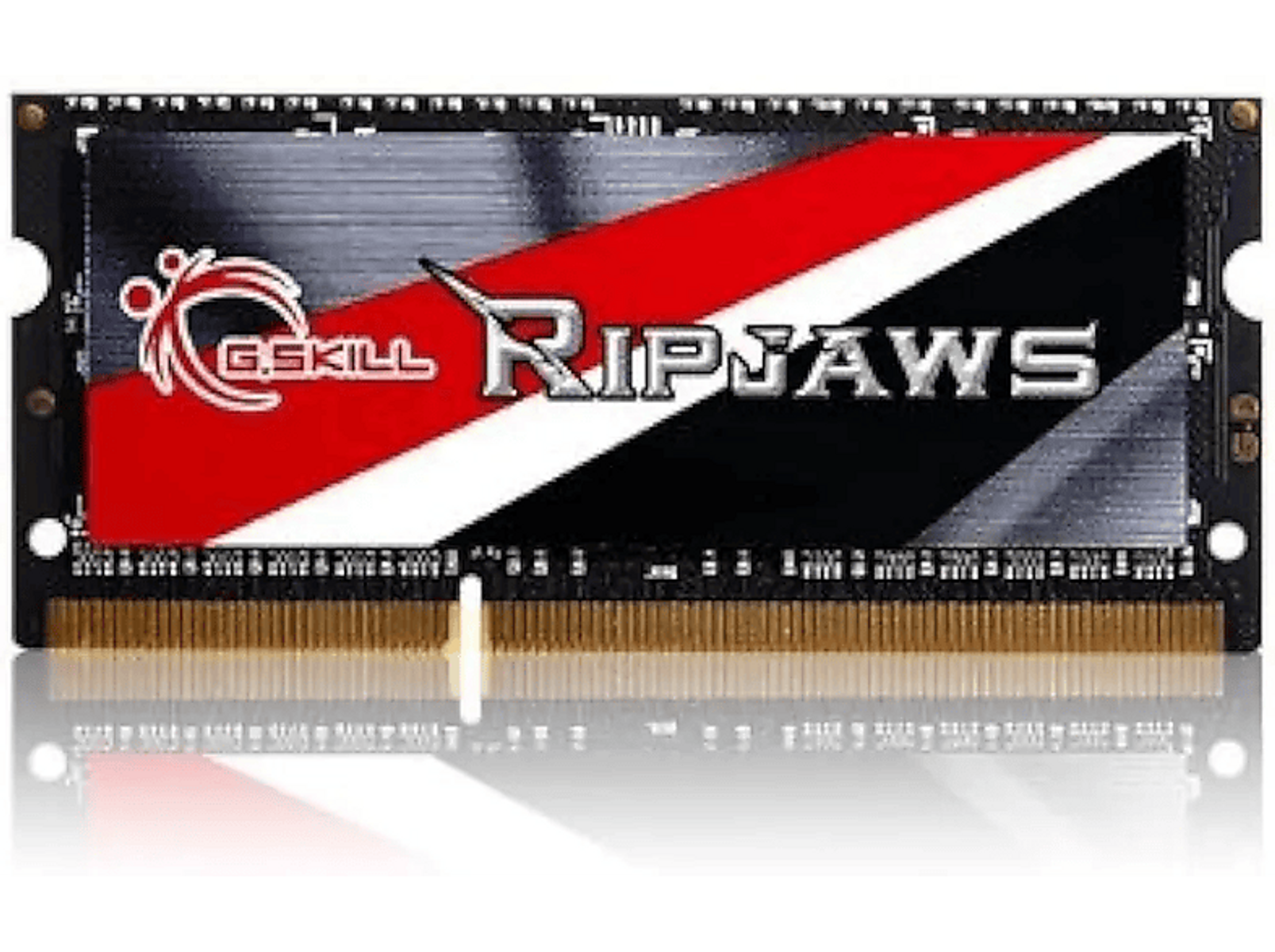 Pamięć RAM z czerwonym, czarnym i białym designem, tekst "RIPJAWS" i "G.SKILL".