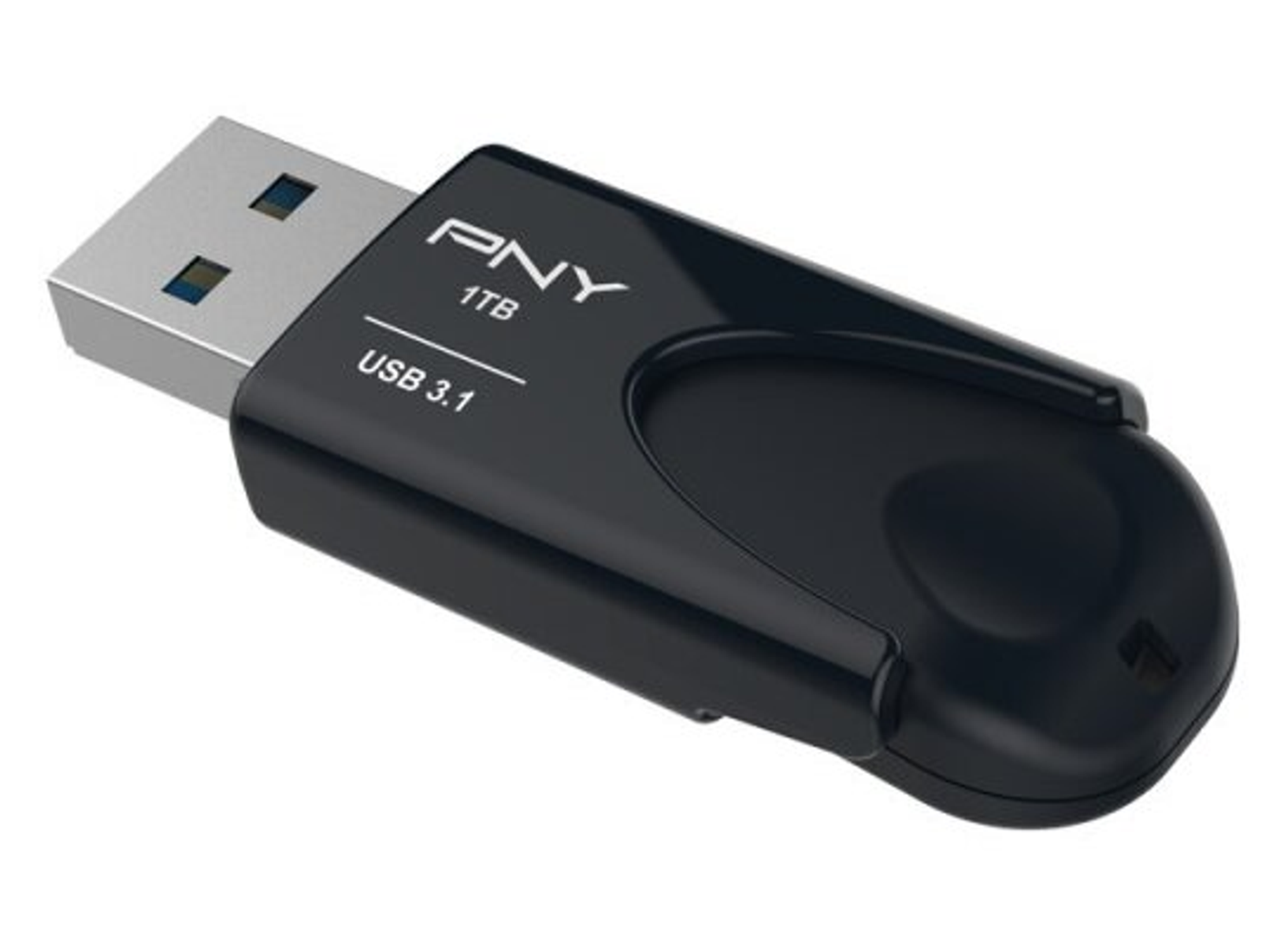 Czarny pendrive PNY USB 3.1 ze srebrnym złączem. Tło jest białe.
