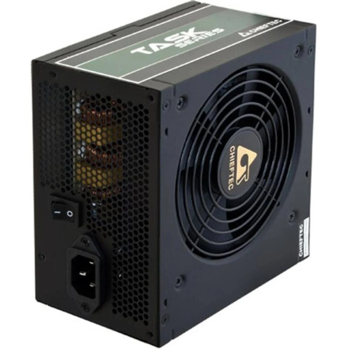 Black power supply unit with fan, grill, and power switch. Chieftec logo and label.