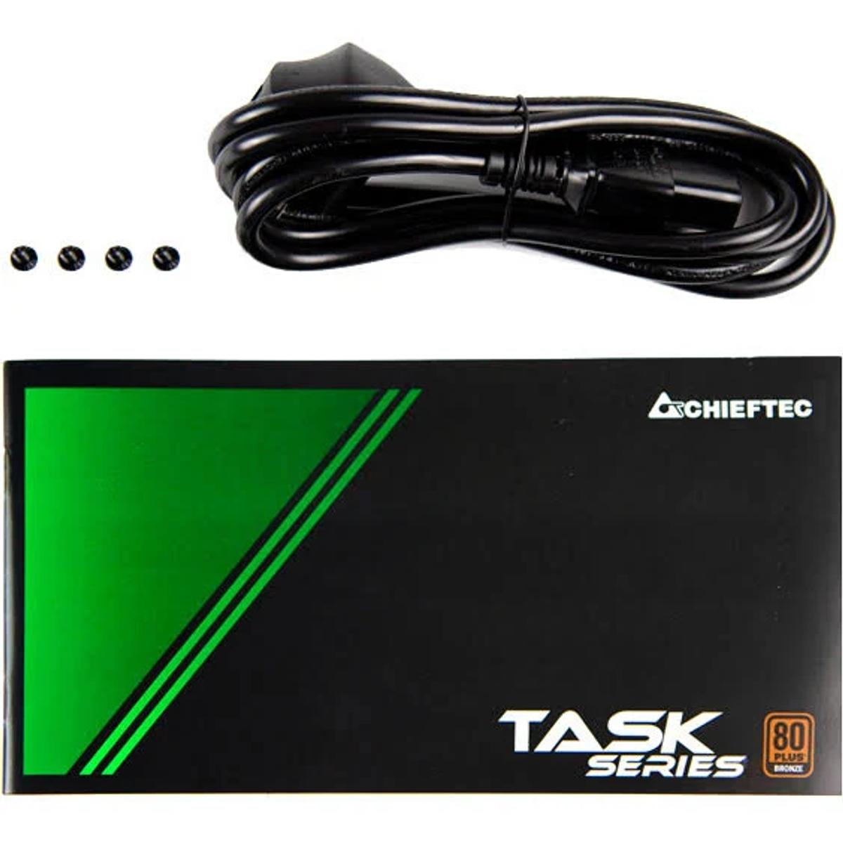 Black power supply with the text 'TASK SERIES' and '80 PLUS BRONZE'.
