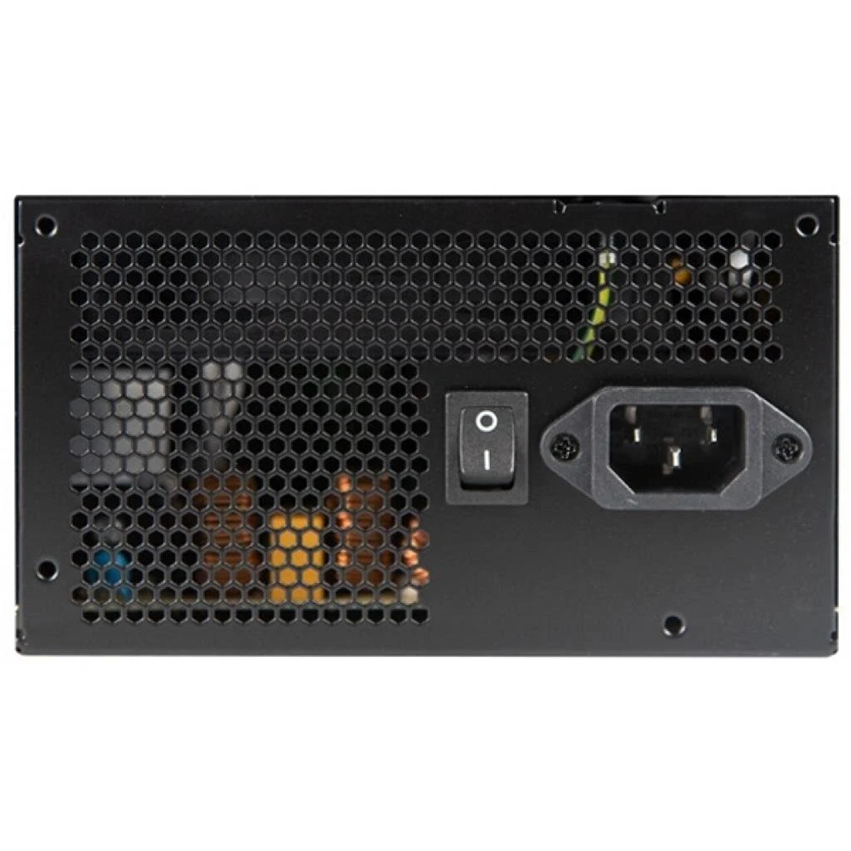 Back of a black power supply with a fan and power connections visible.