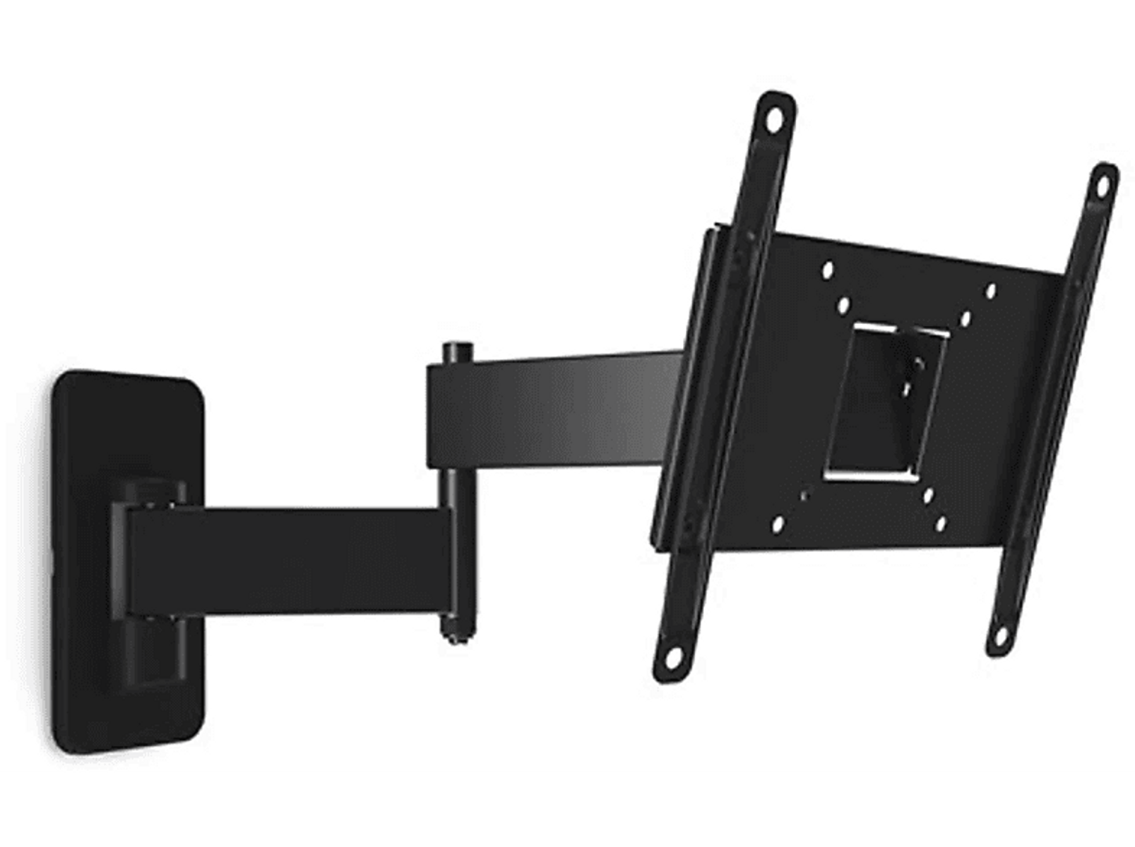 Schwarze TV-Wandhalterung mit schwarzer Wandplatte und schwarzem Gelenkarm.