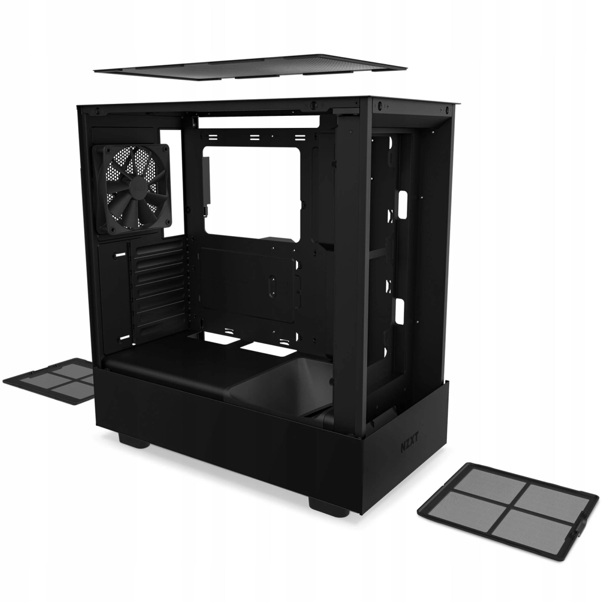 Schwarzes Computergehäuse mit Lüfter und abnehmbaren Mesh-Filtern.