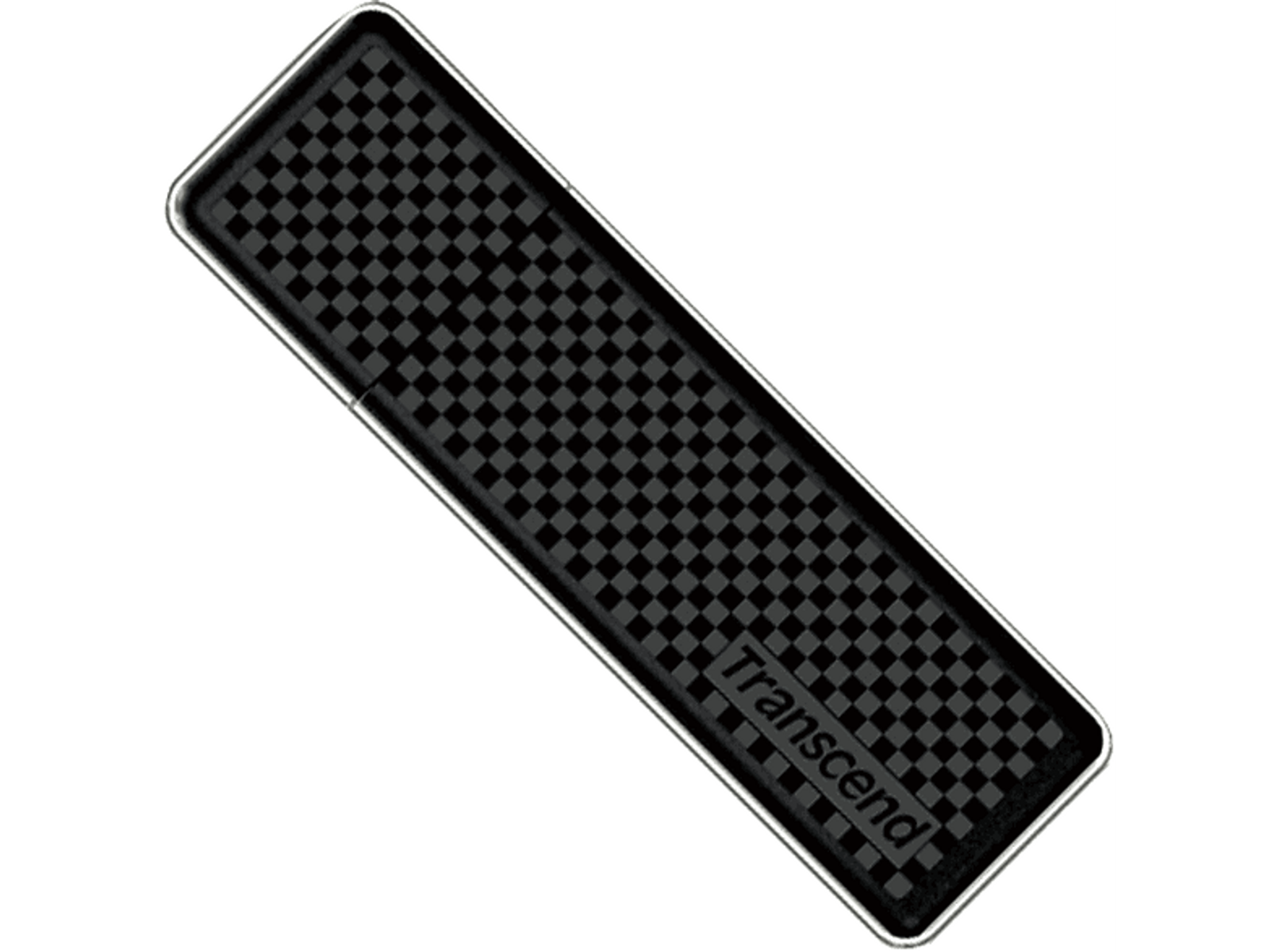 Czarny pendrive USB z wzorem szachownicy na czarnym tle.