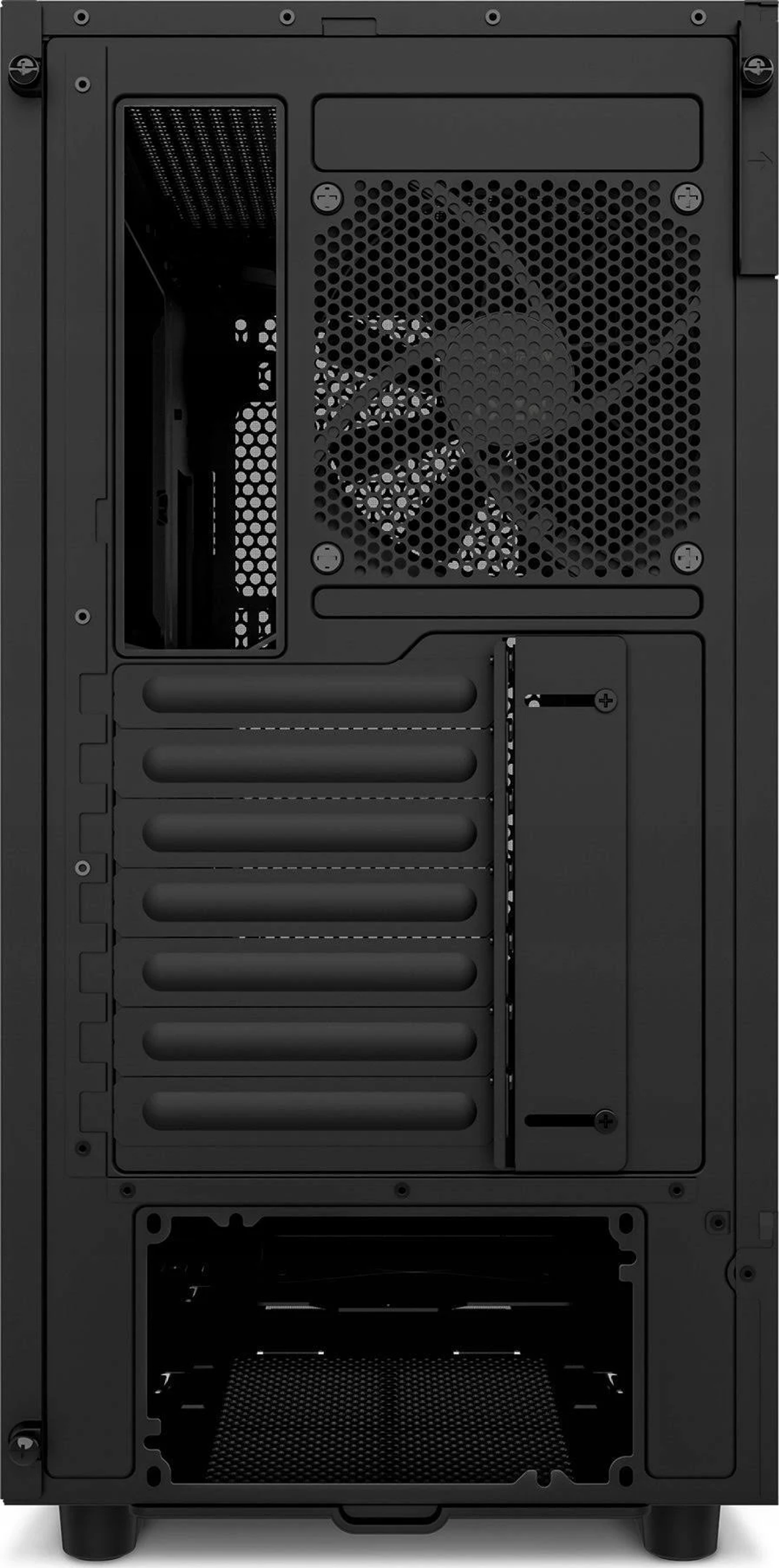 Innenraum des schwarzen Computergehäuses. Mehrere Steckplätze und Montagebereiche für Komponenten.