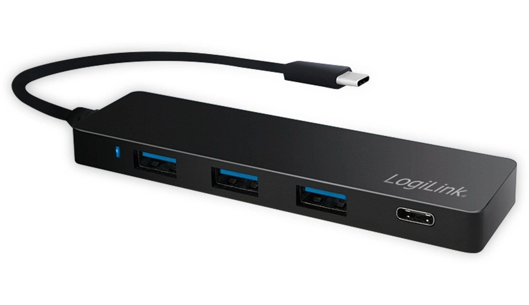 Un hub USB nero con quattro porte USB e una porta USB-C, con il marchio 'LogiLink'. Ha un cavo collegato.