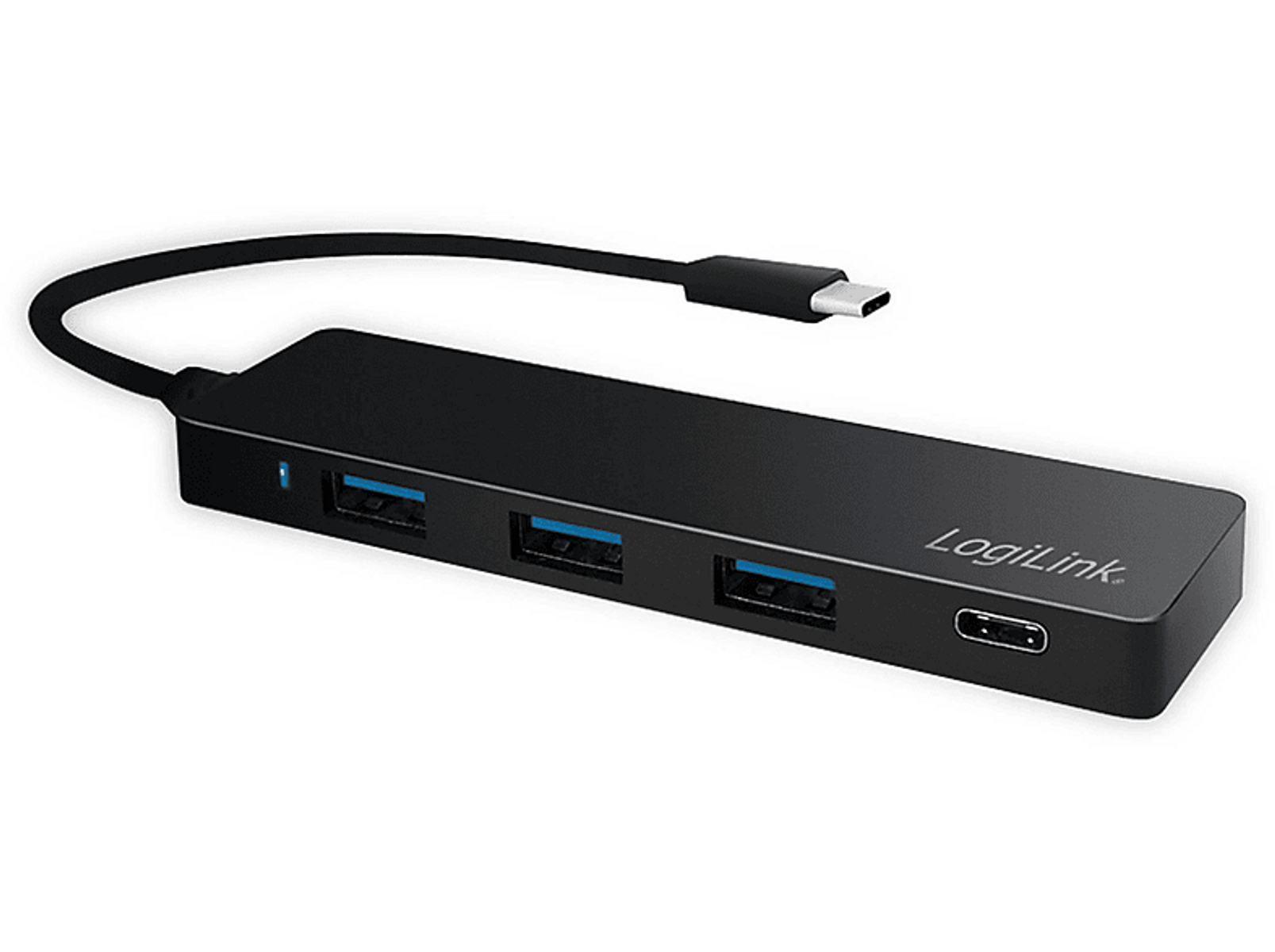 Hub USB nero con tre porte USB e una porta USB-C. Etichetta LogiLink presente.