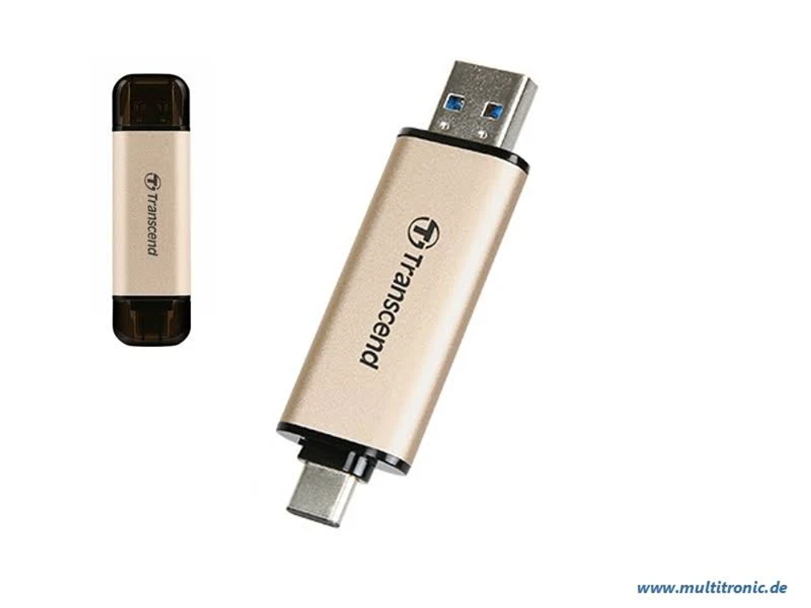 Złoty i czarny pendrive USB z logo Transcend i złączem USB-C na białym tle.