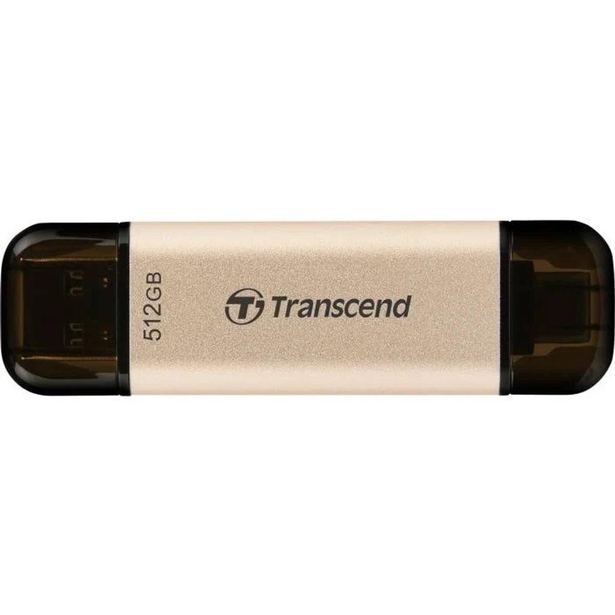 Złoto-czarny pendrive z napisem "512GB" i "Transcend". Białe tło.