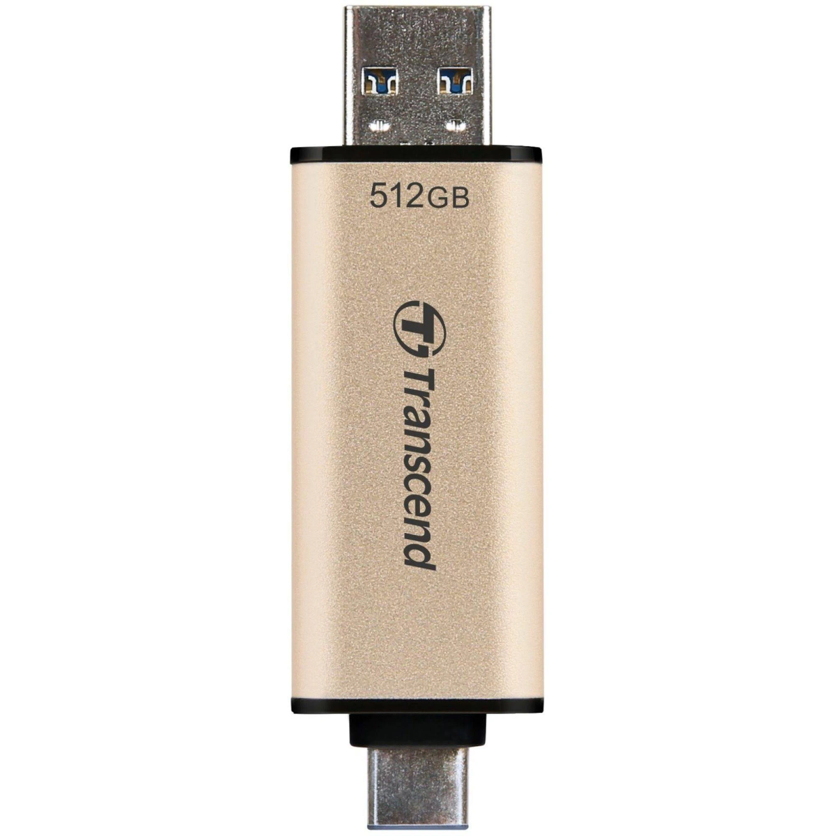 Złoty pendrive Transcend USB z portem USB-C i etykietą 512GB.