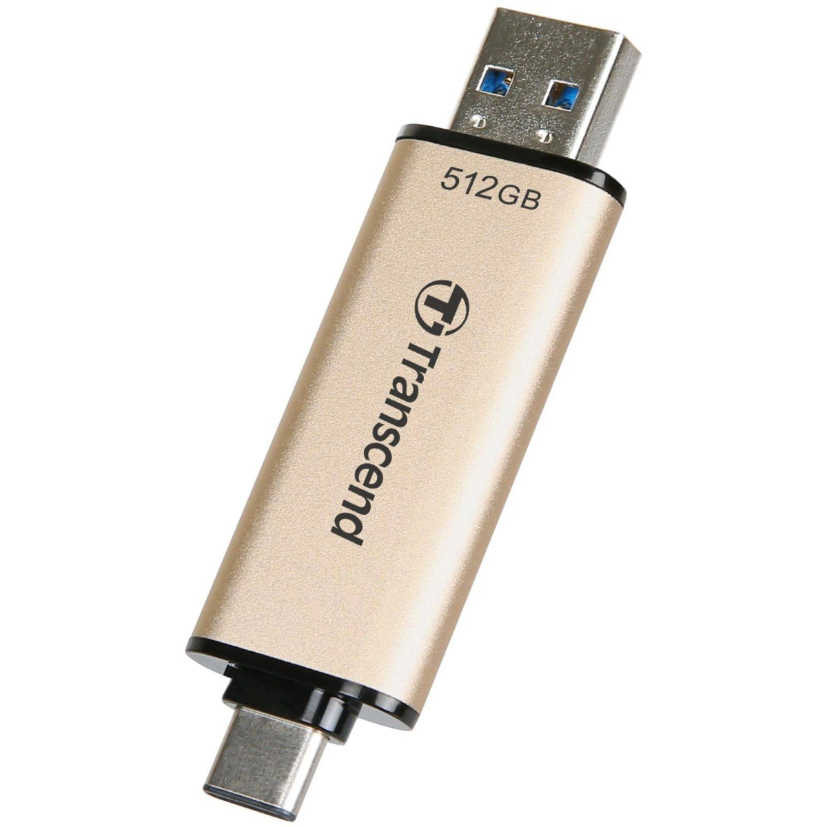Złoty i czarny pendrive Transcend 512GB. Widoczne złącza USB i USB-C.