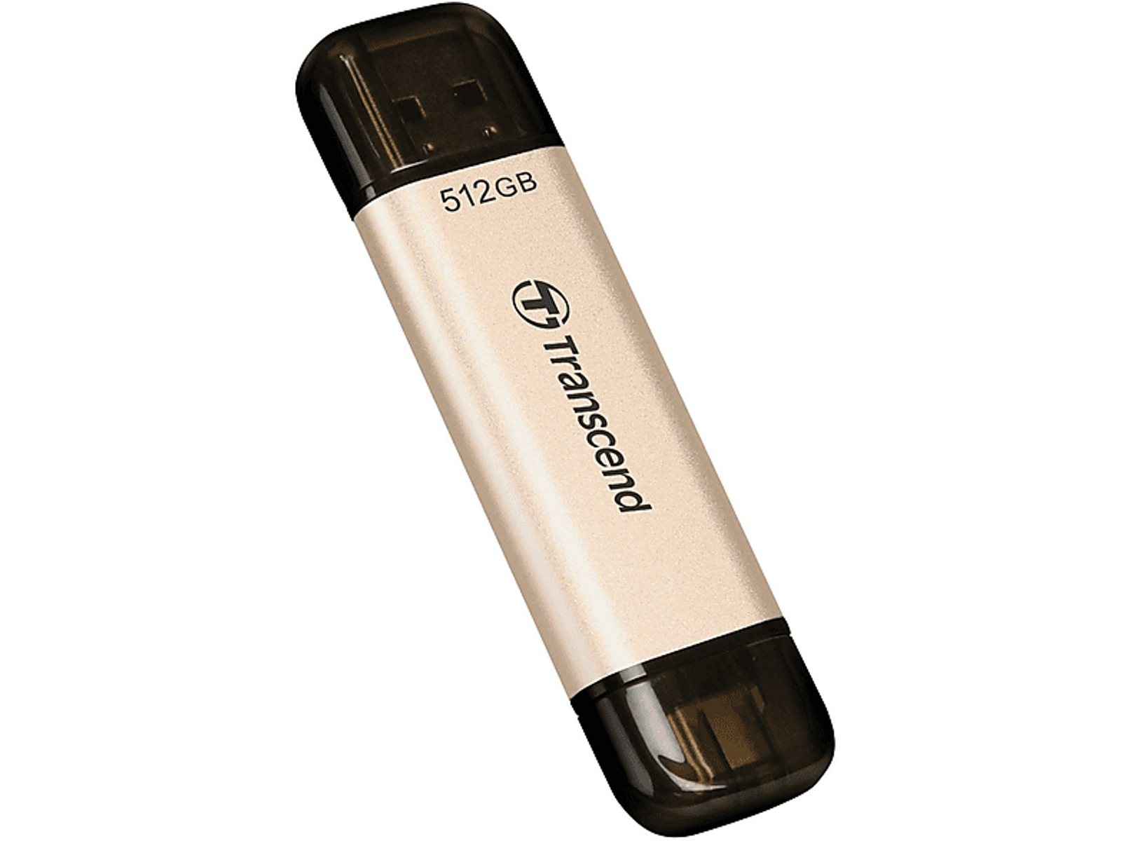 Złoto-czarny pendrive z logo Transcend na białym tle.