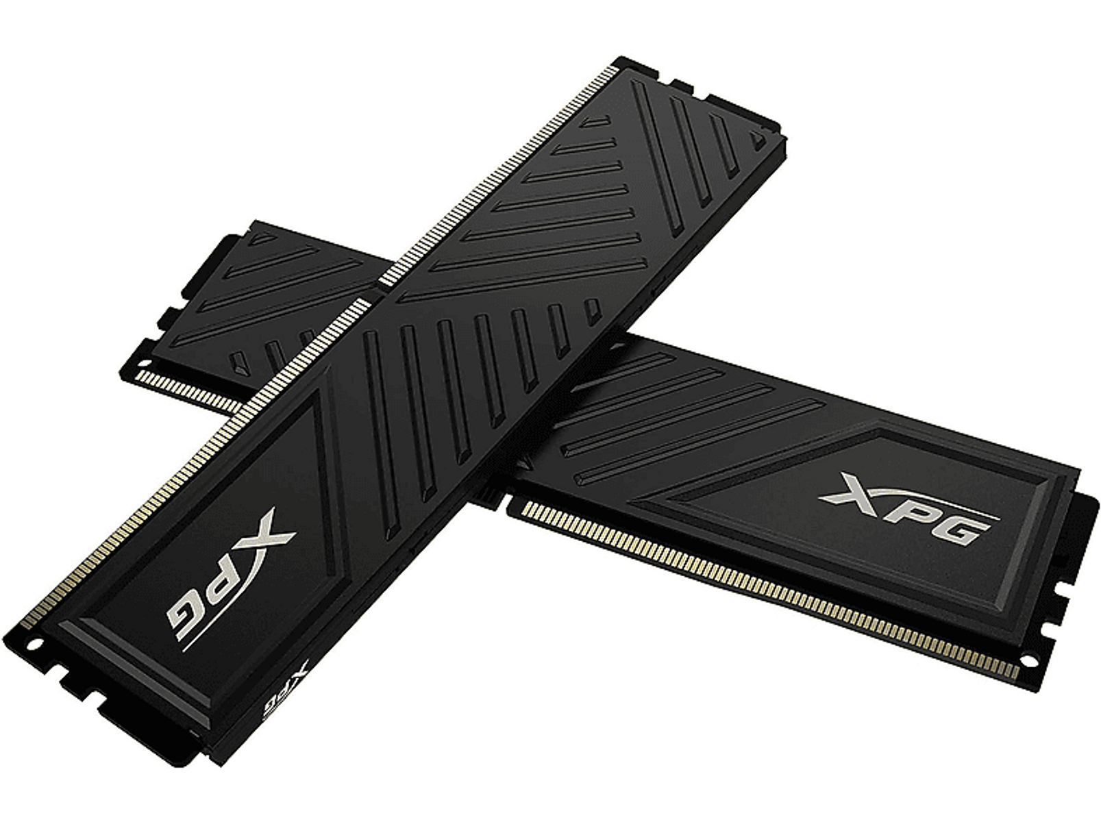 Dwa czarne moduły RAM XPG DDR4 z białymi logo, na białym tle.