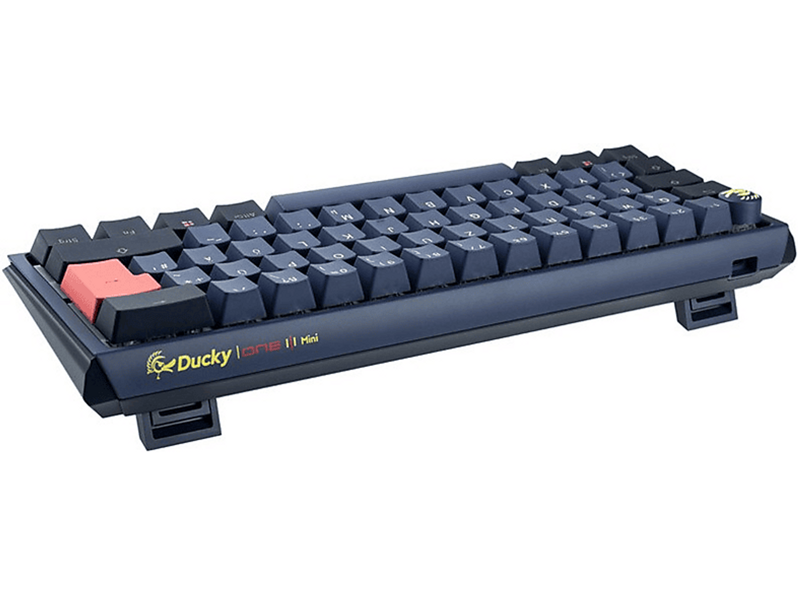 Piccola tastiera nera con tasto Esc rosso e logo Ducky giallo.