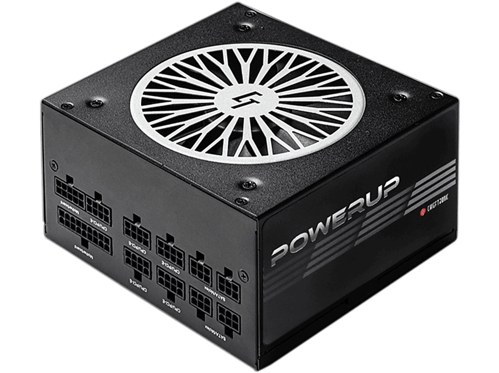 Alimentatore nero con connettori visibili e una ventola grande. Logo Power up.