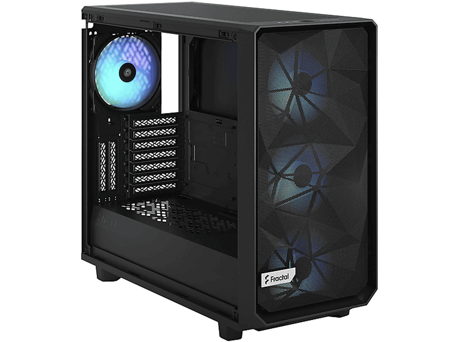 Czarna obudowa komputera z siatkowym przodem, wentylatorem i przezroczystym panelem bocznym.