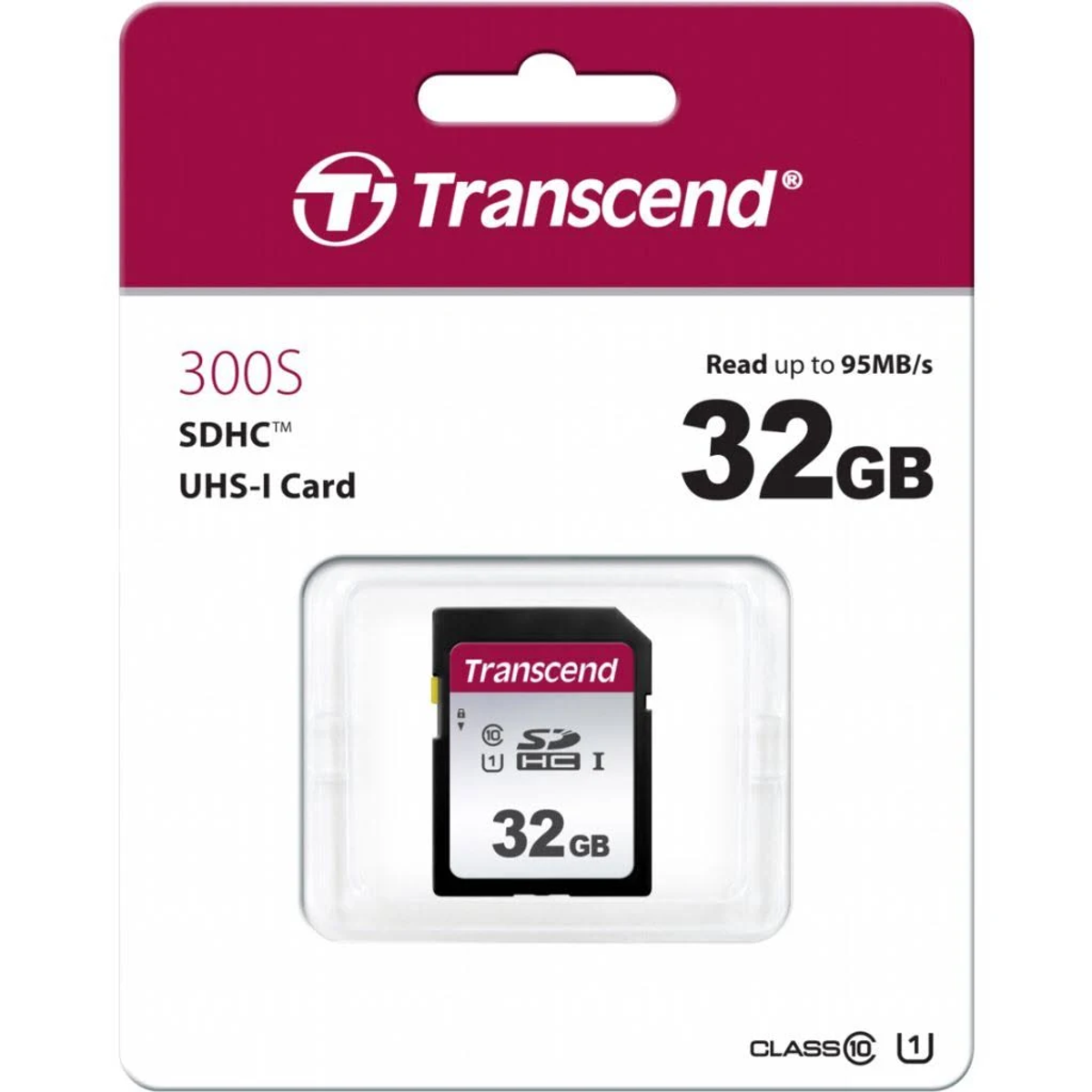 Carte SDHC Transcend dans un emballage. C'est une carte UHS-I de 32 Go avec le logo de la marque.