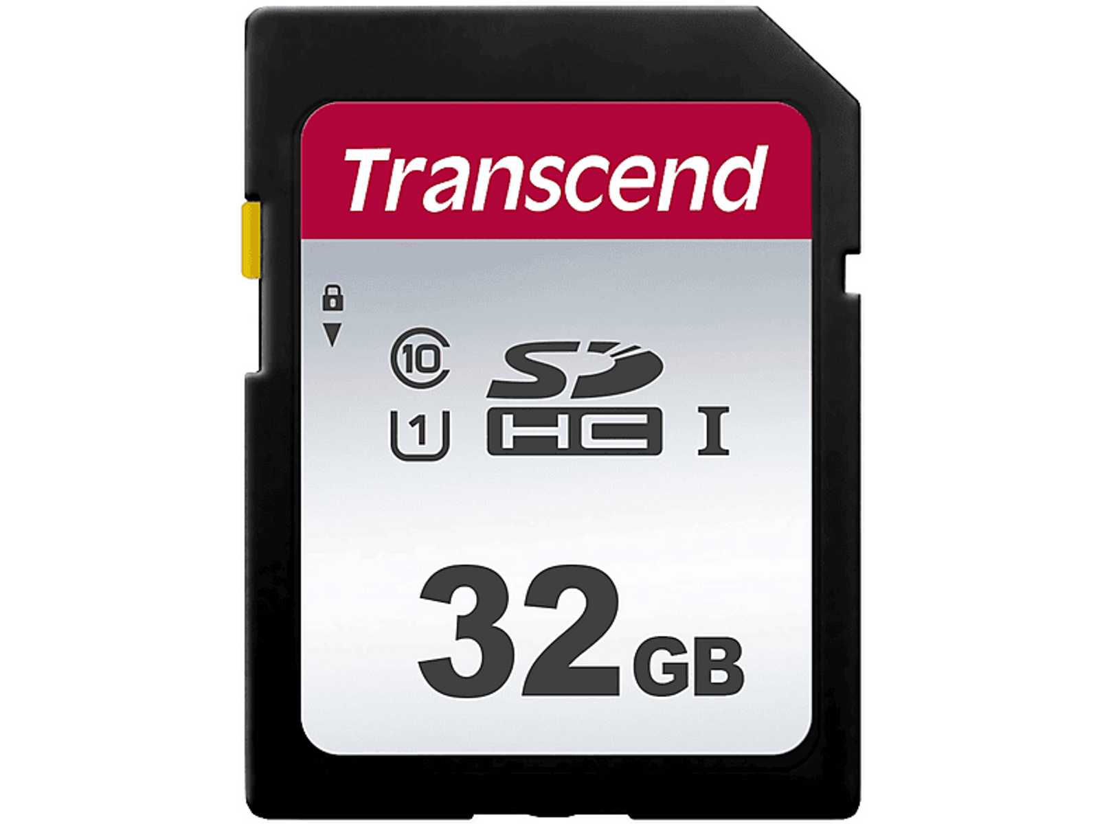 Carte SD Transcend avec une étiquette rouge indiquant 32 Go et d'autres infos.