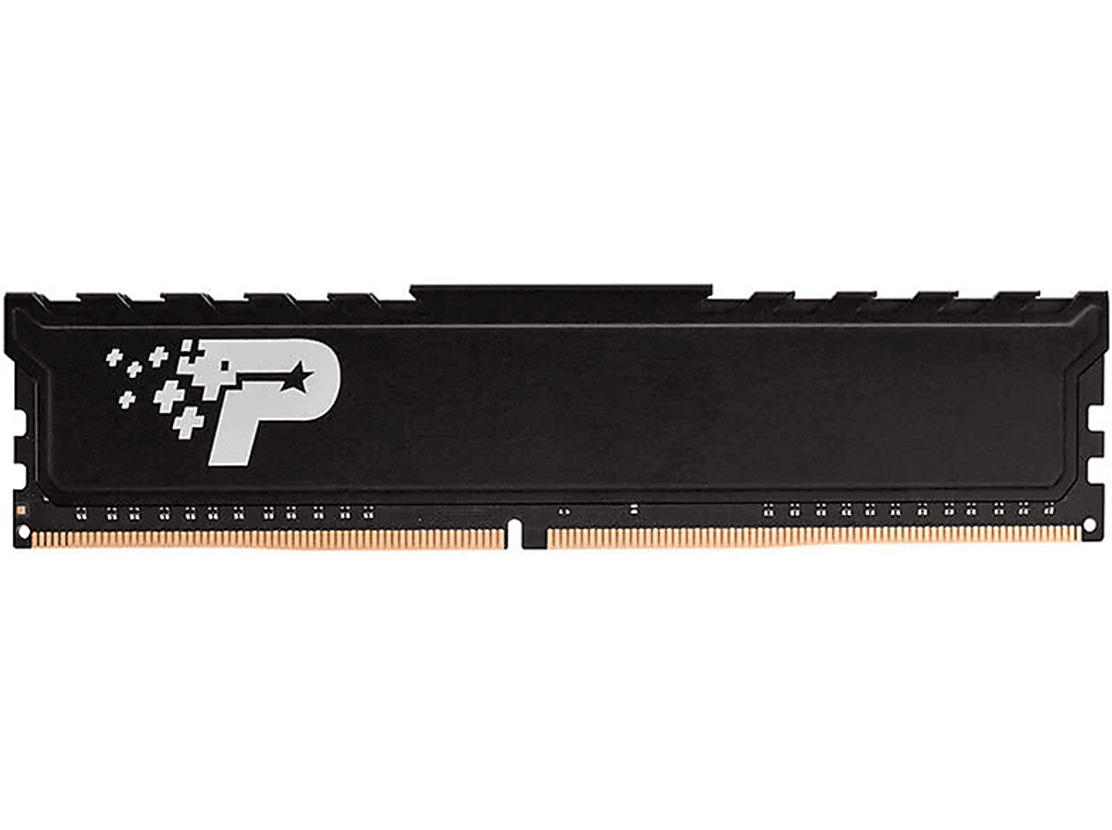 Czarny moduł RAM z białym i szarym logo na czarnym tle.
