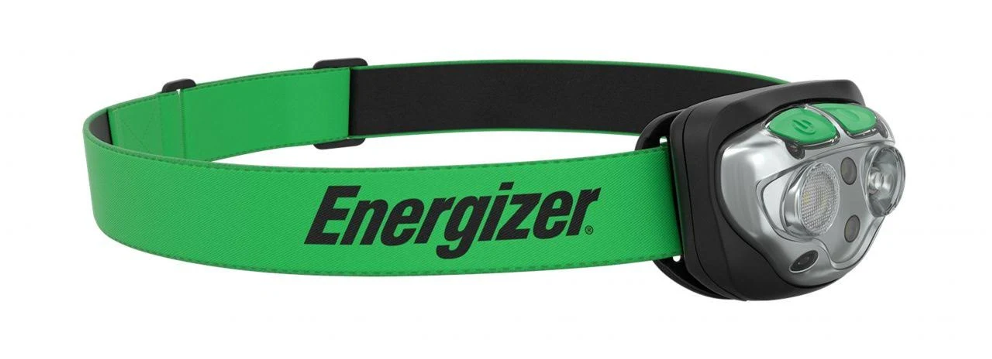 Grüne Stirnlampe mit schwarzen Akzenten. Energizer-Logo und zwei Knöpfe.