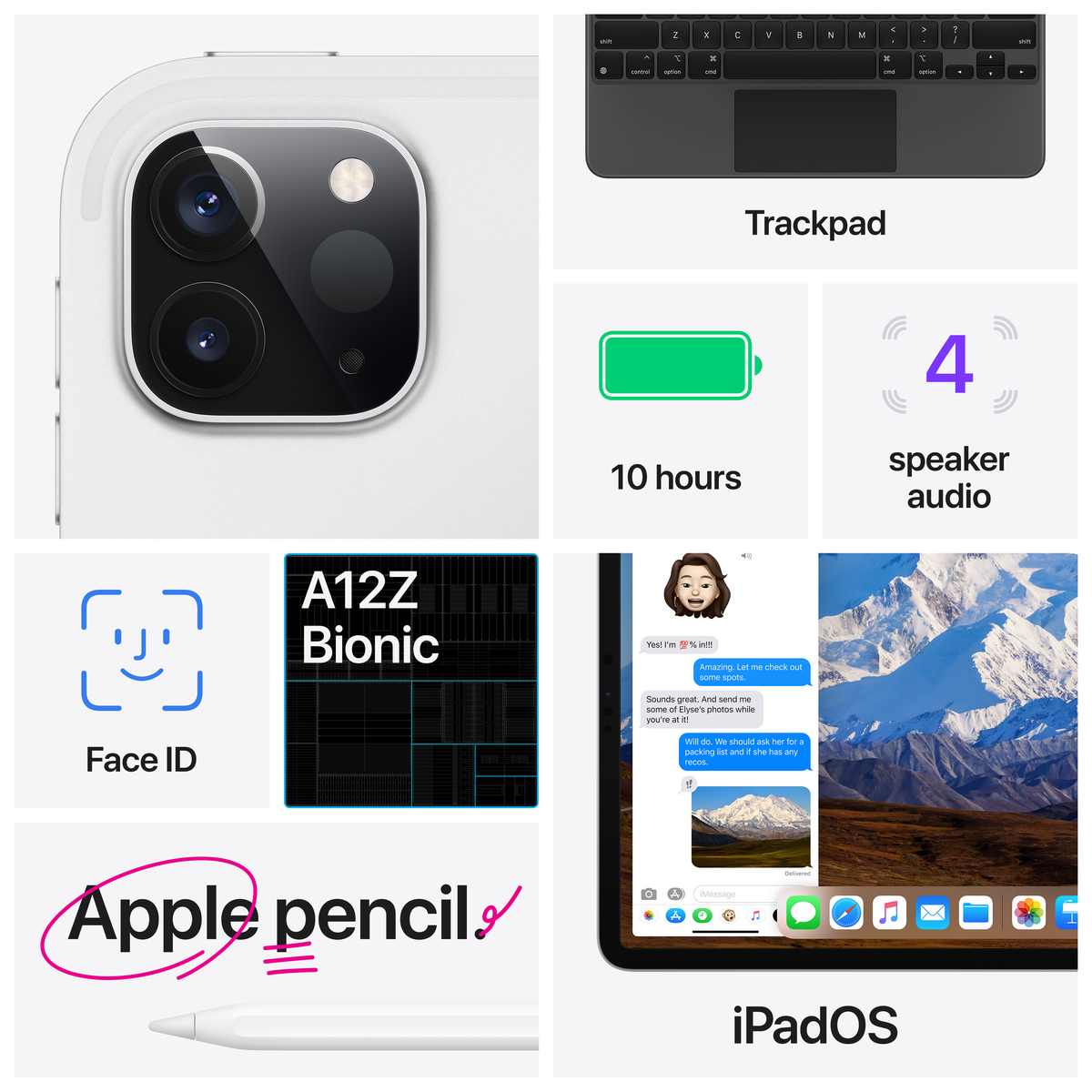 iPad met functies: Face ID, A12Z Bionic, Apple Pencil, 10 uur batterijduur en 4 speaker audio.