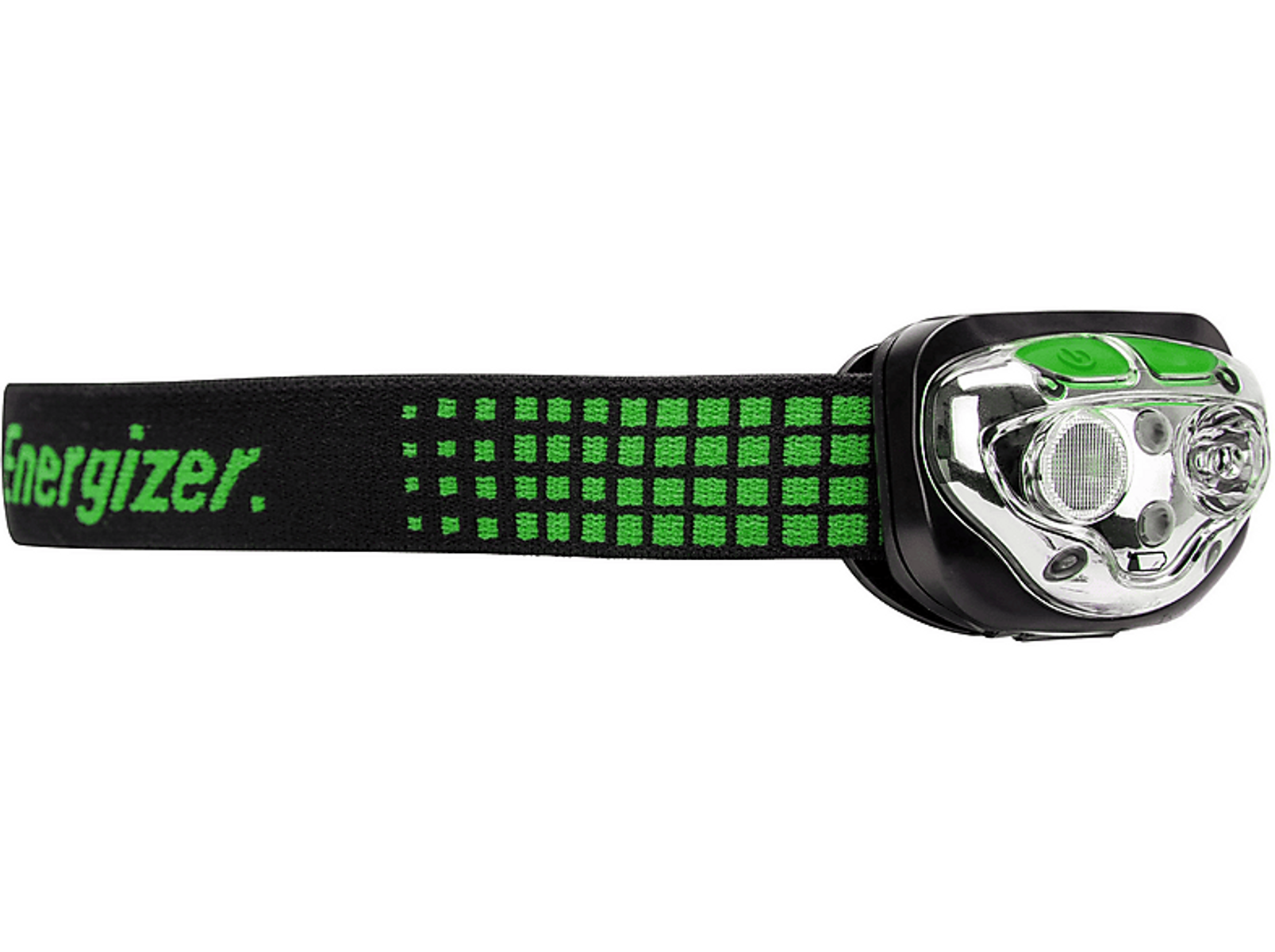 Stirnlampe mit schwarzem Band und grünen Details. Sie trägt den Markennamen Energizer.