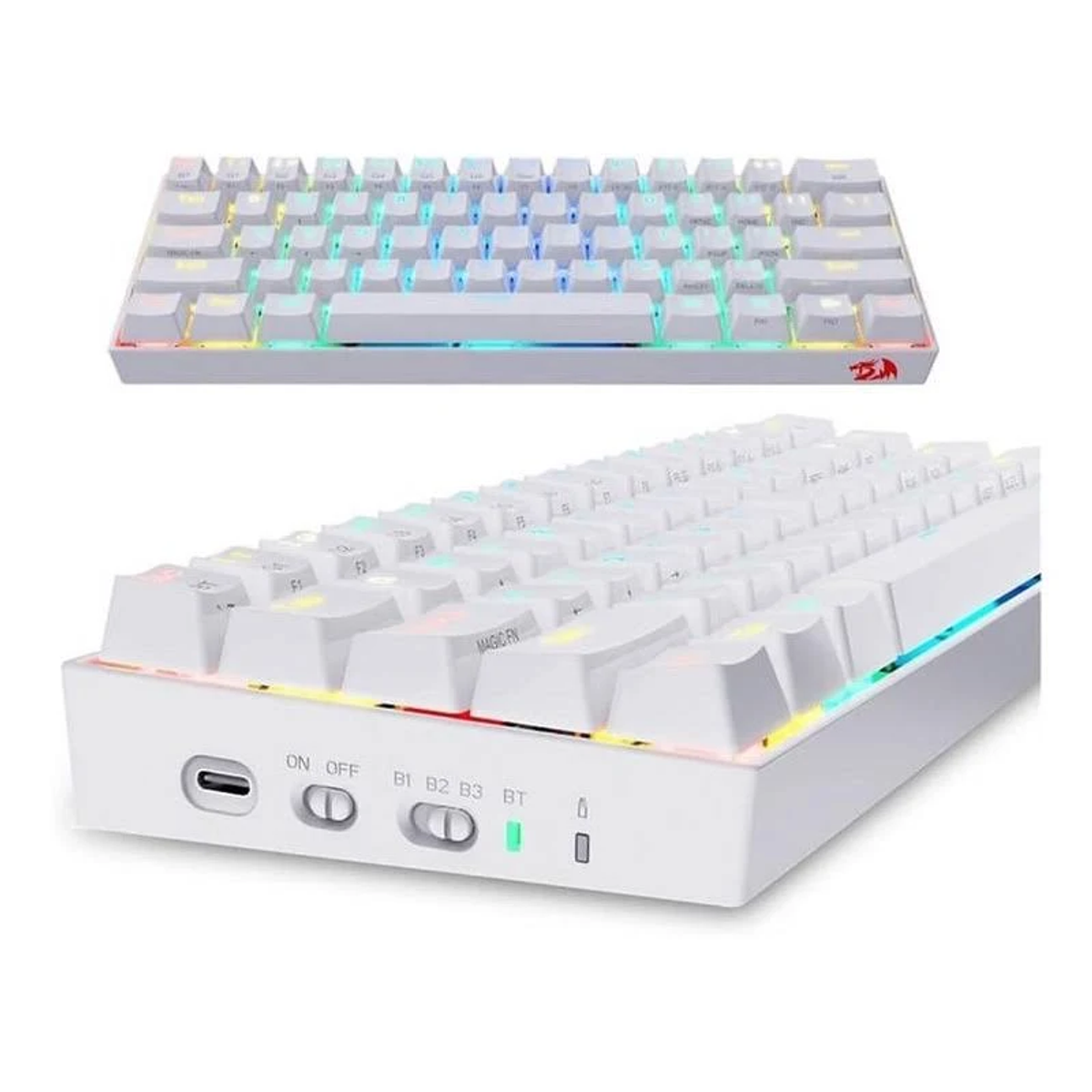 Biała klawiatura, widok z góry i z boku. Kolorowe światła pod klawiszami. Czarny port USB.