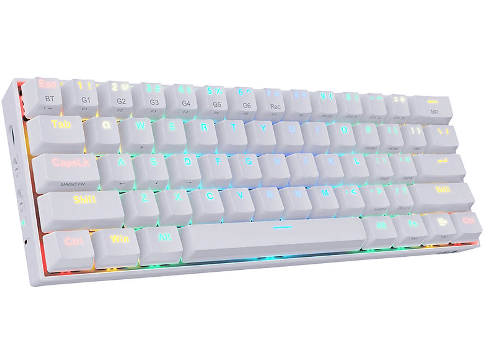 Biała klawiatura z białymi klawiszami i kolorowym podświetleniem.