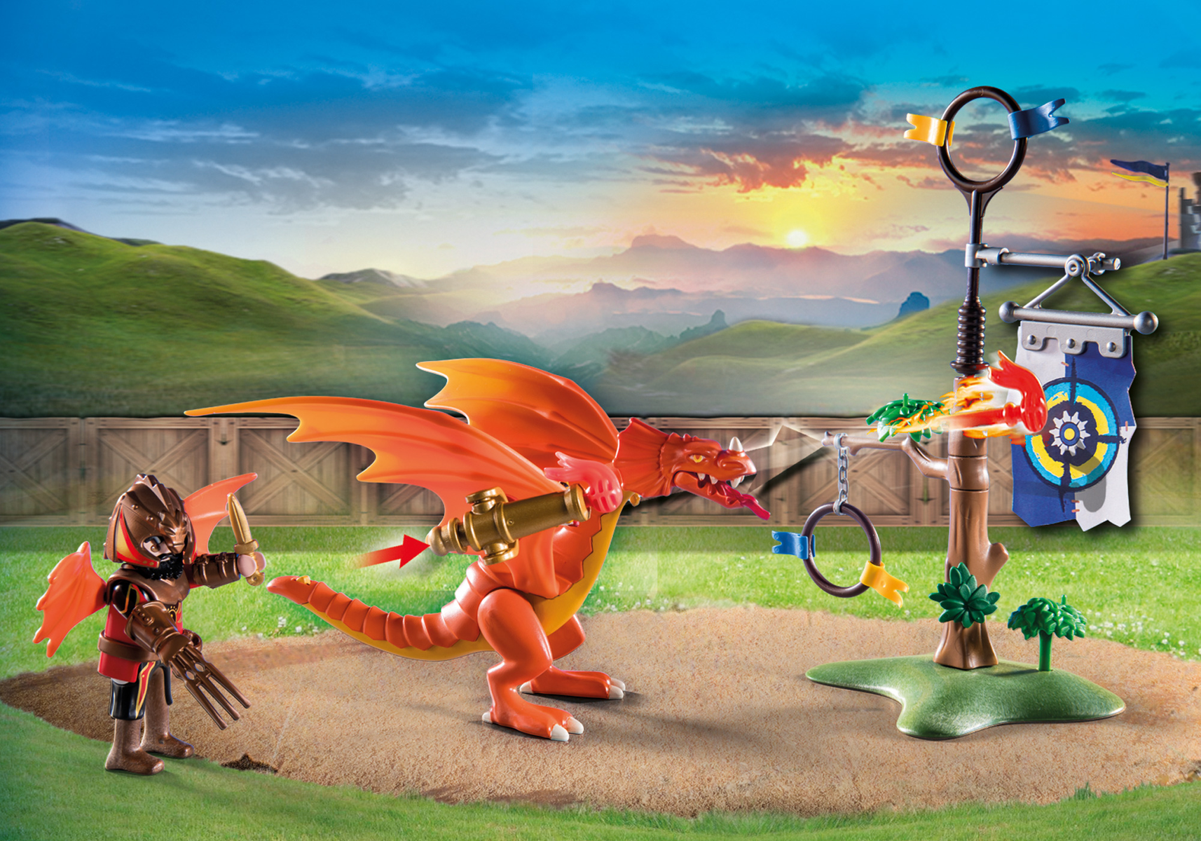Spielzeugdrachen und Ritter-Szene. Drache ist orange und der Ritter ist gepanzert. Weißer Hintergrund.