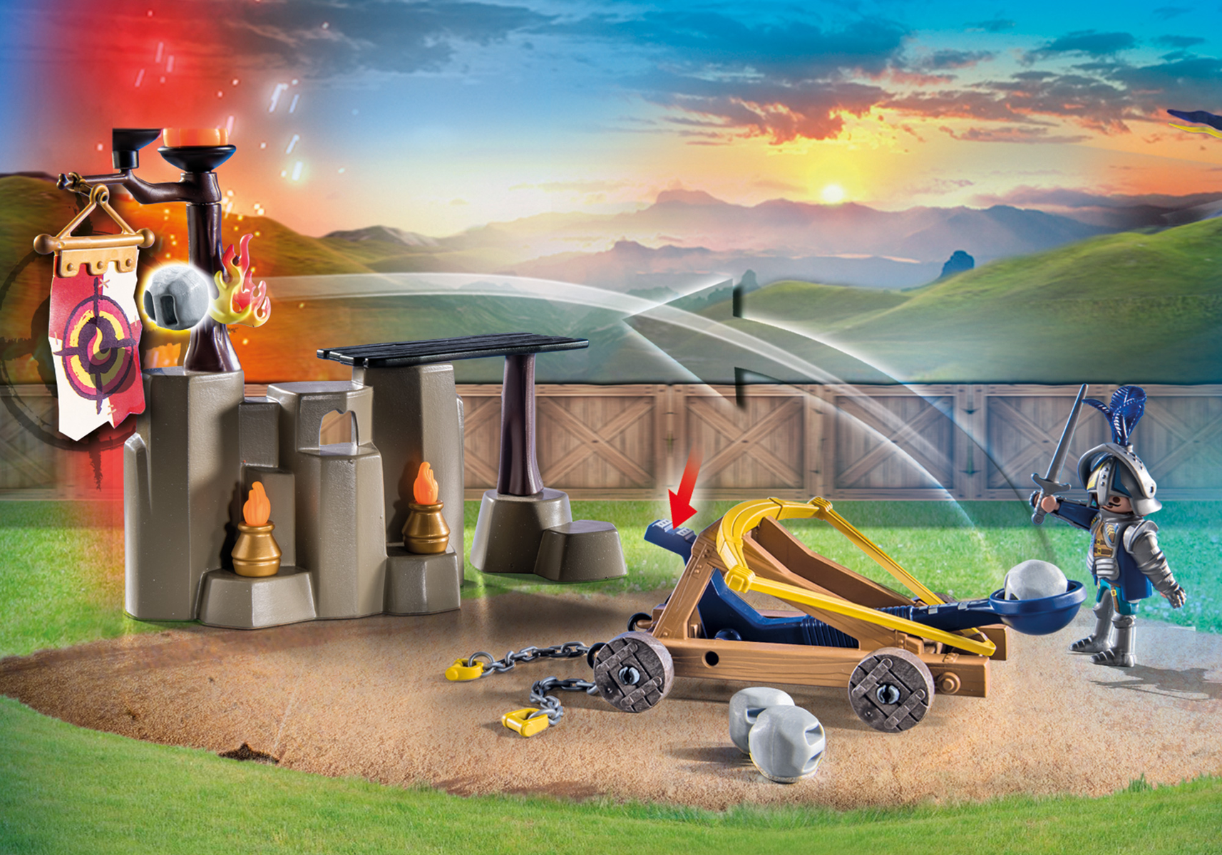Eine Playmobil-Szene mit Katapult, Rittern und einer Festung mit Feuer und Ziel.
