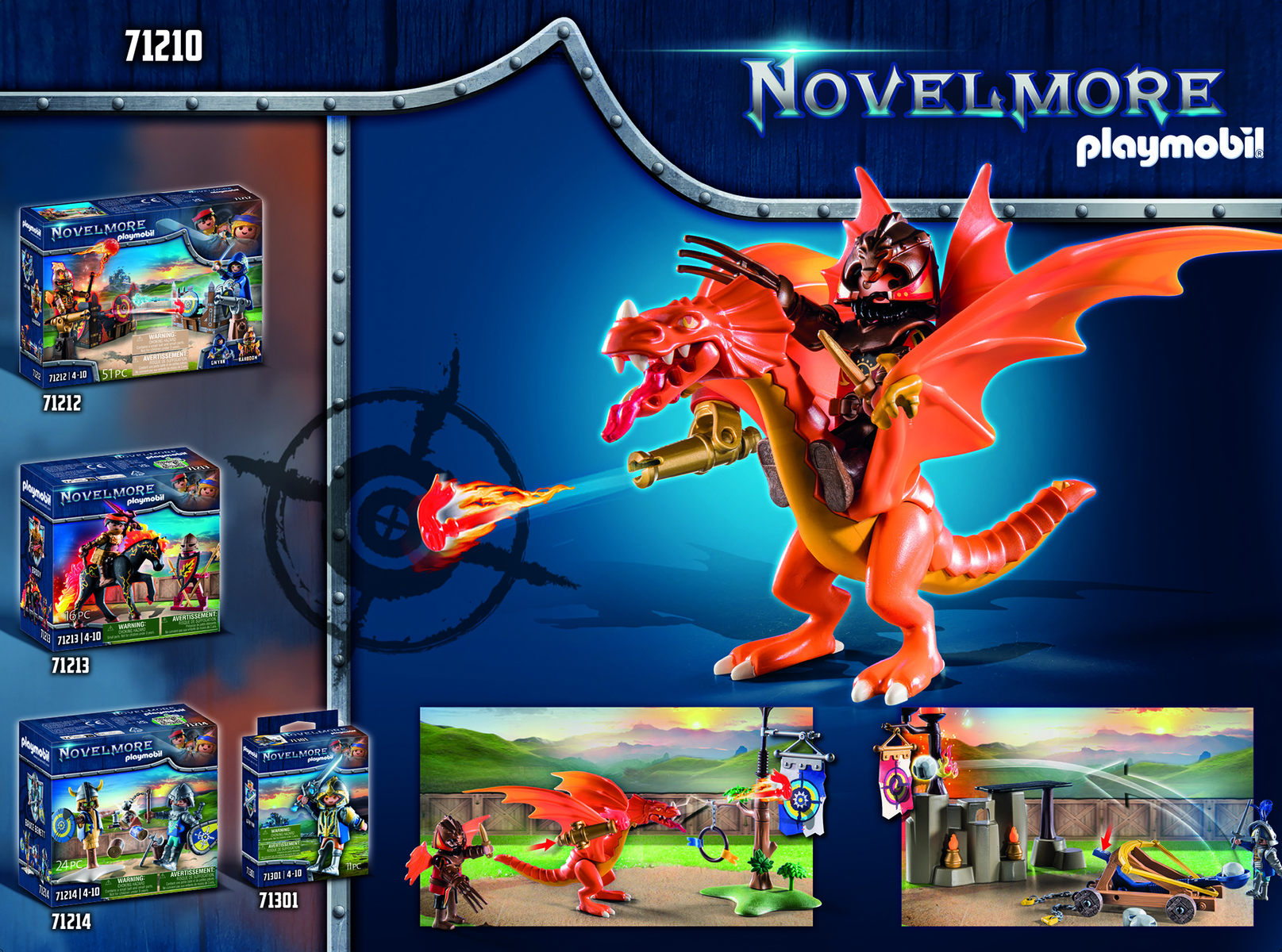 Eine Spielzeugszene mit Figuren und einem Drachen. Playmobil. Drache ist orange, ein Ritter reitet ihn. Andere Spielzeuge werden gezeigt.