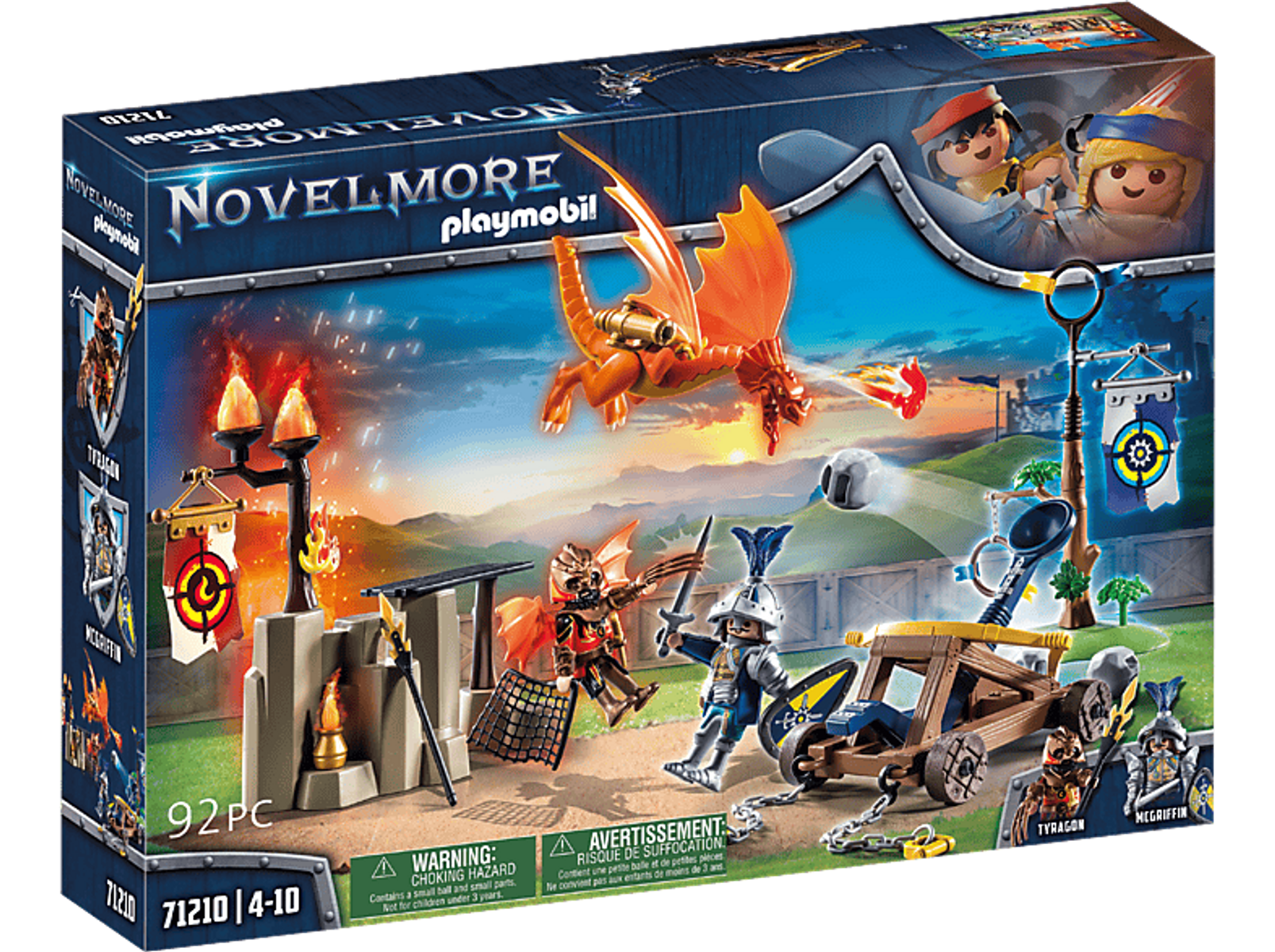 Playmobil Novelmore-Set. Ritter, ein Drache und ein Trebuchet in einer Kampfszene.
