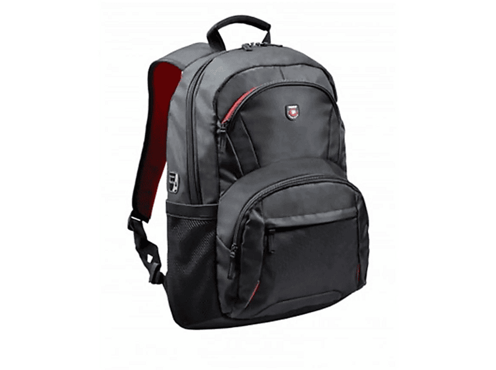 Schwarzer Rucksack, Vordertasche, rote Akzente, schwarzer Hintergrund.