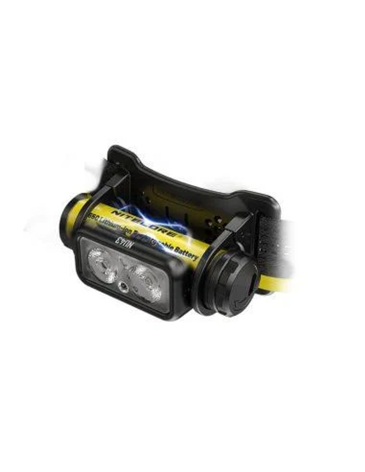 Latarka czołowa z żółtym akumulatorem. Ma dwa światła.