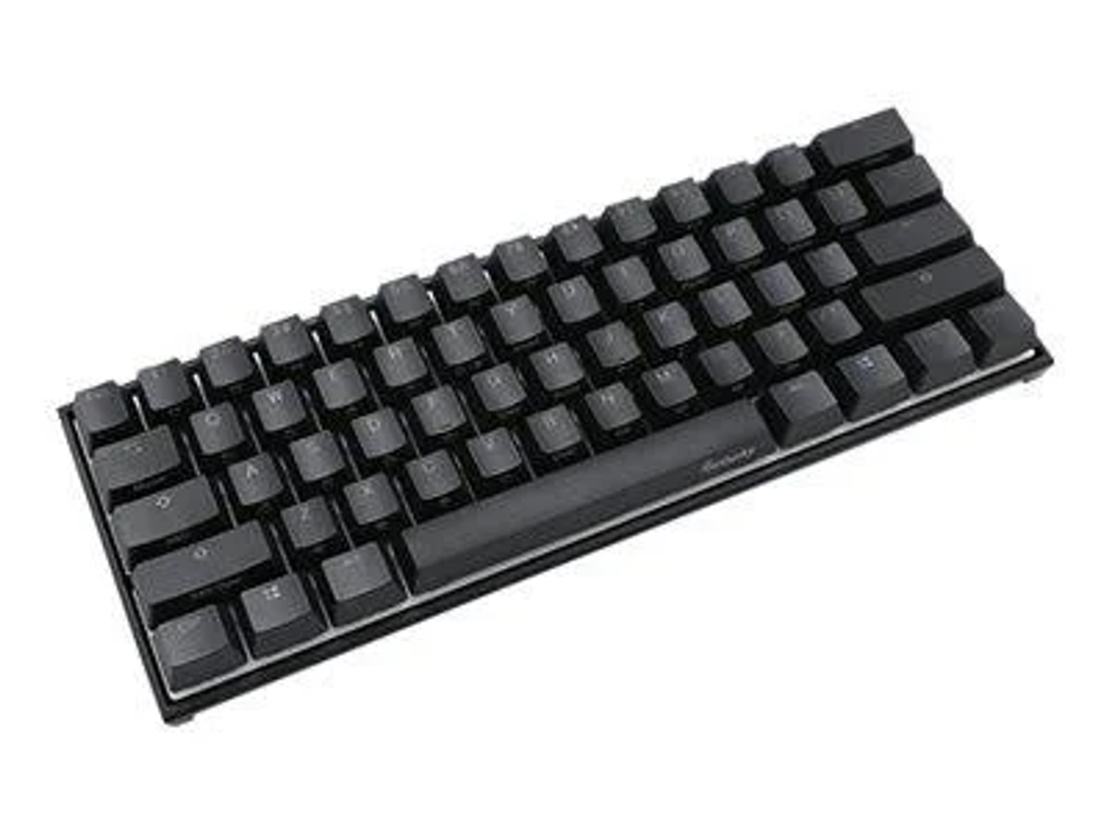 Schwarze und graue 60 % mechanische Tastatur auf Weiß. Tastenkappen sind dunkelgrau. Die Leertaste hat ein Logo.