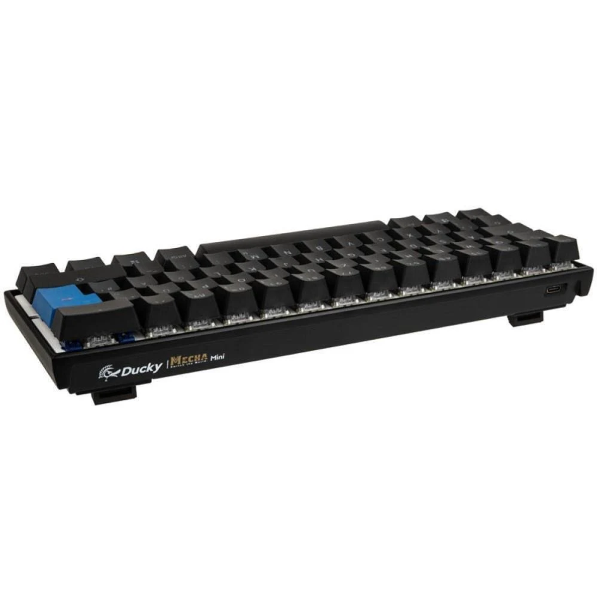 Schwarze mechanische Tastatur. Es hat blaue Tastenkappen. Der Ducky Mecha Mini ist sichtbar.