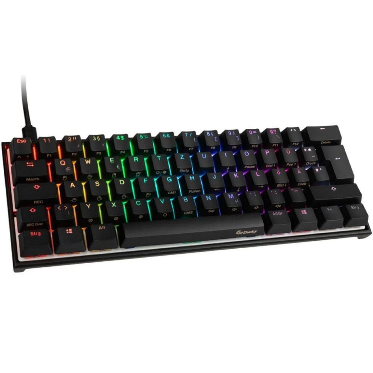 Schwarze und weiße Kompakt-Tastatur mit farbigen Tasten mit Hintergrundbeleuchtung. Marke Ducky.