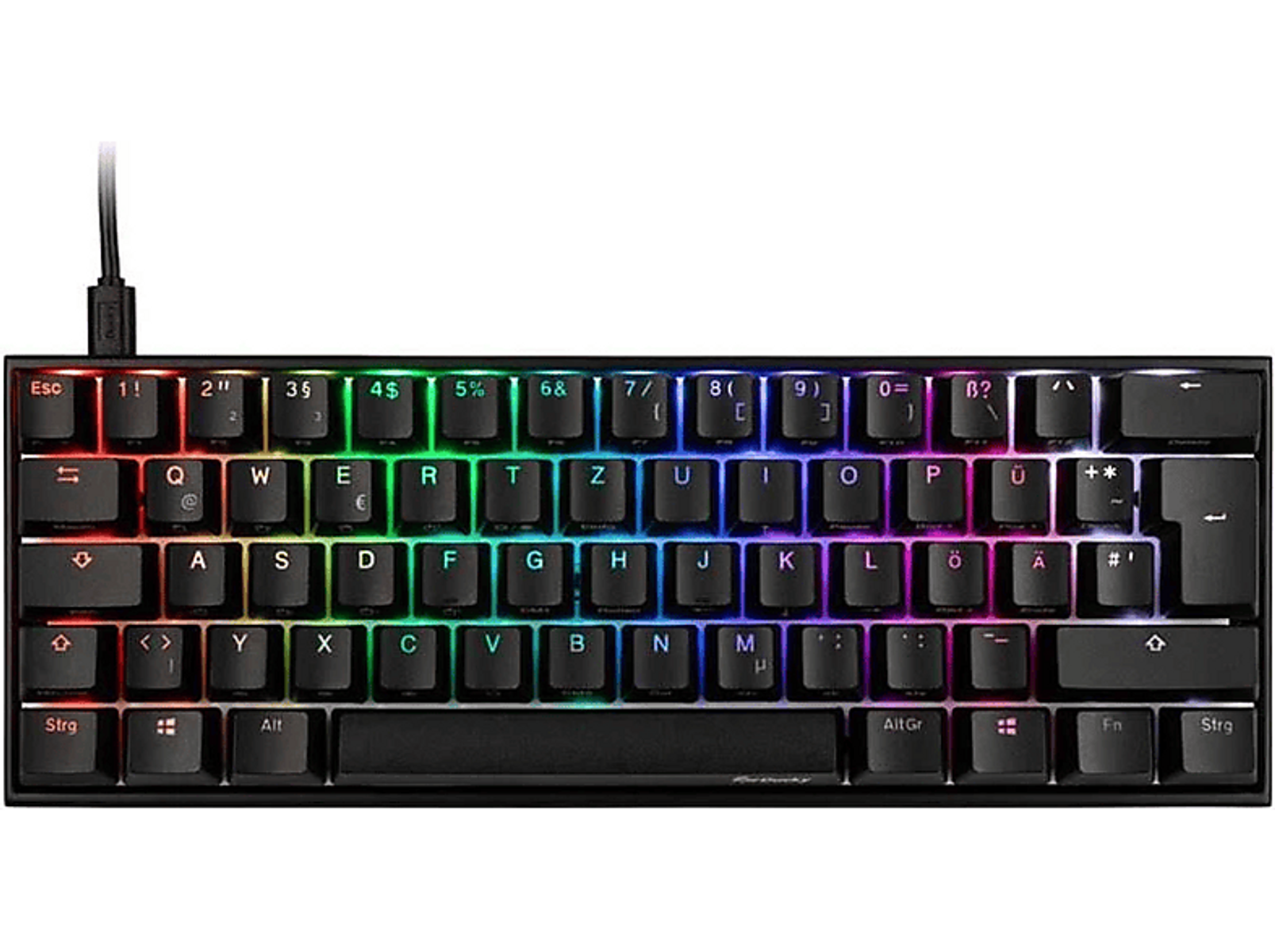 Eine schwarze, kompakte mechanische Tastatur mit farbenfrohen, hintergrundbeleuchteten Tasten.
