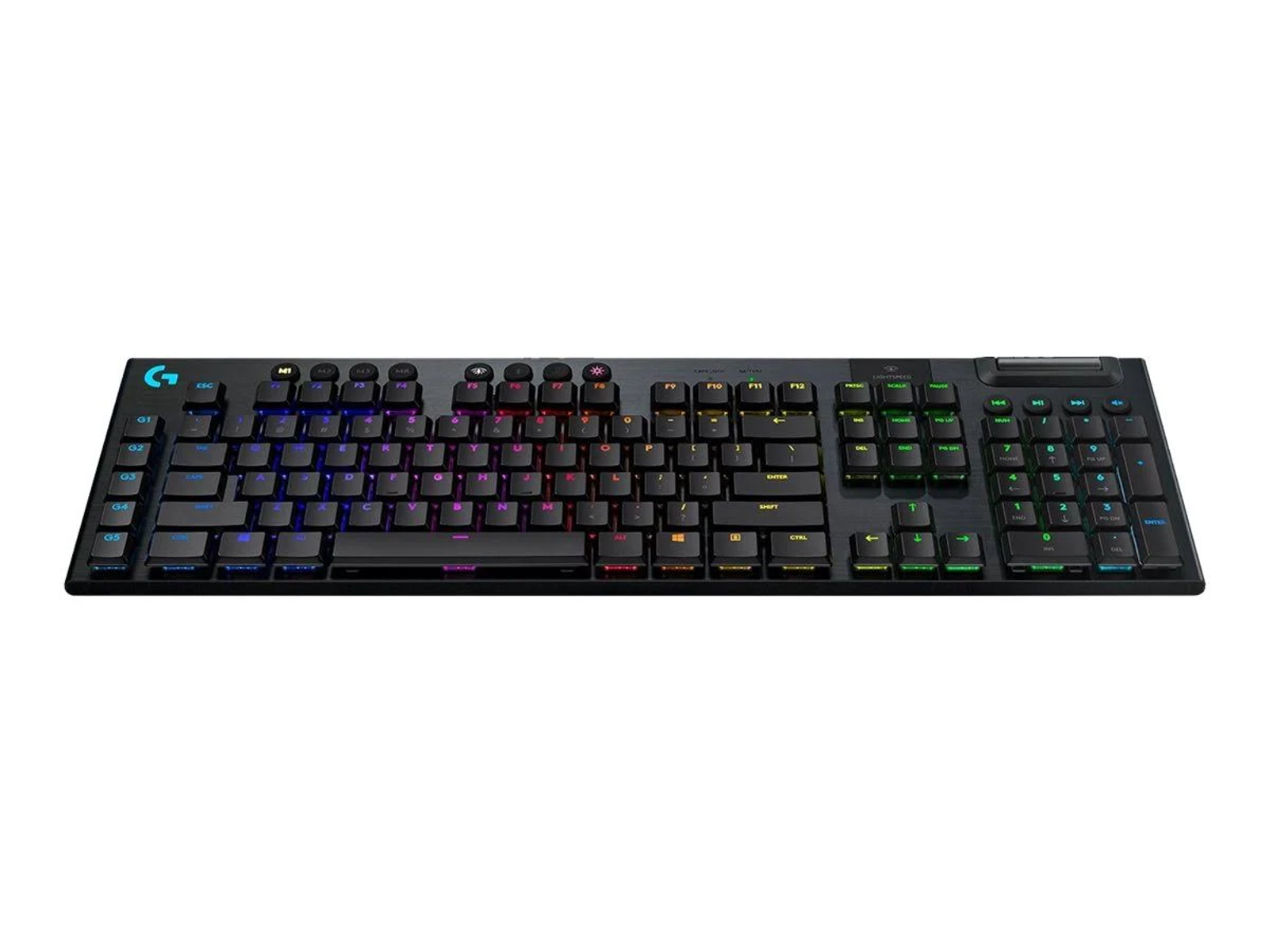 Schwarze Tastatur mit bunten Tasten. Die Tastatur befindet sich auf weißem Hintergrund.