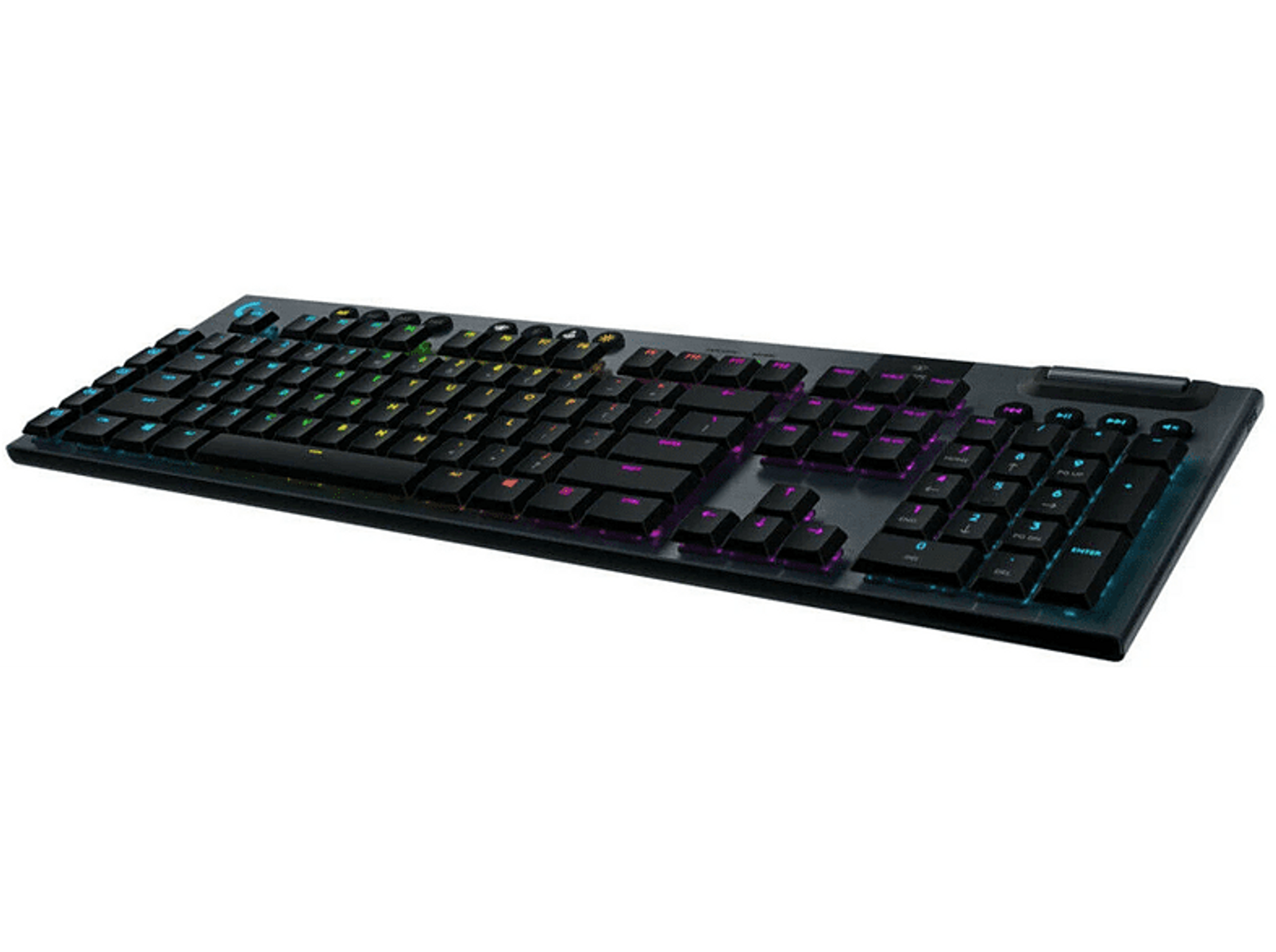 Schwarze Tastatur mit mehrfarbigen Tasten, beleuchtet. Der Hintergrund ist schwarz.
