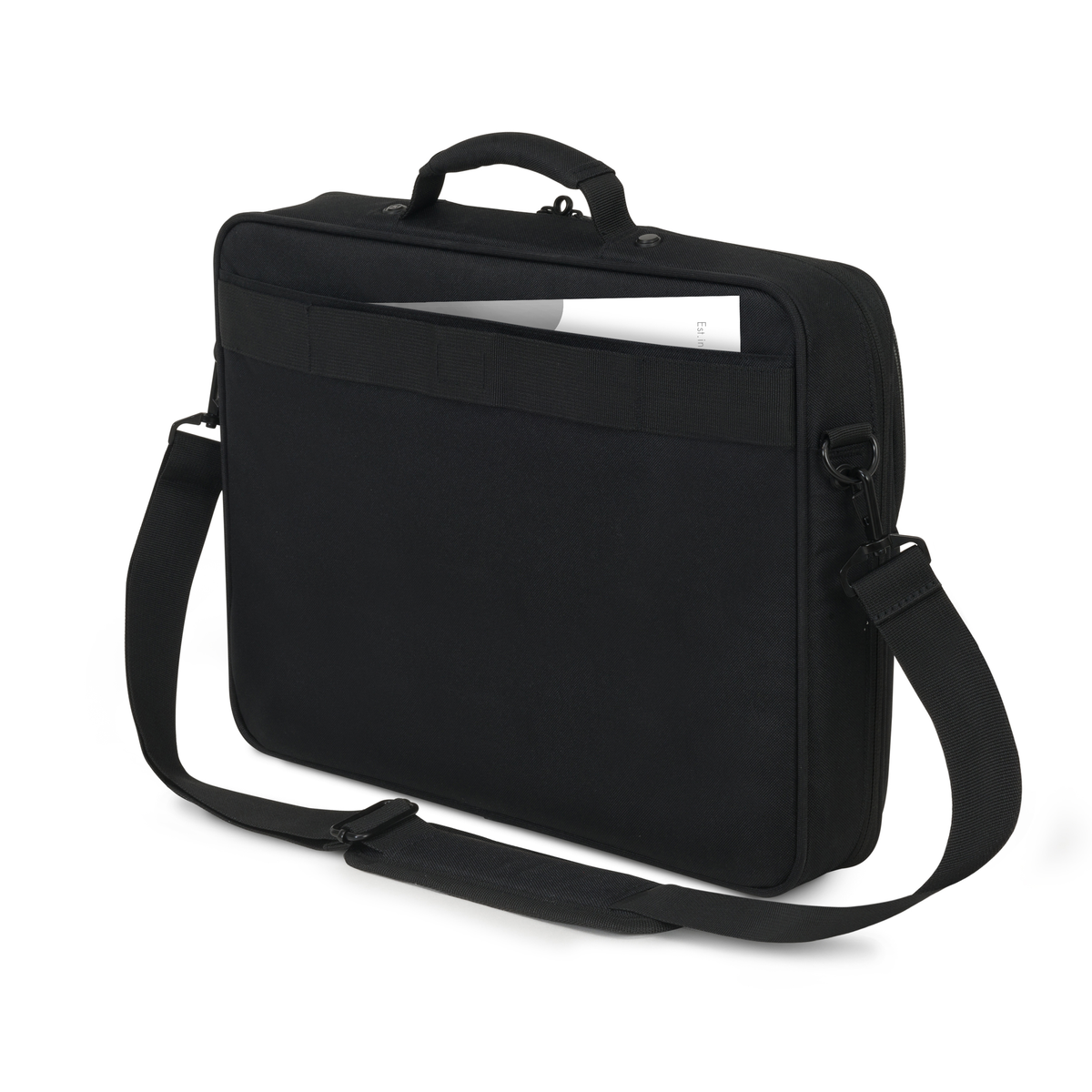 Una borsa nera per laptop con manico, tracolla e un documento parzialmente visibile nella tasca.
