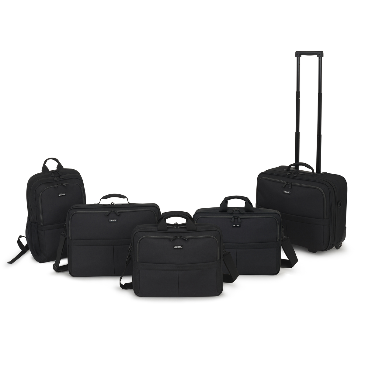 Diverse borse per laptop Dicota nere, tra cui uno zaino e una valigia trolley.