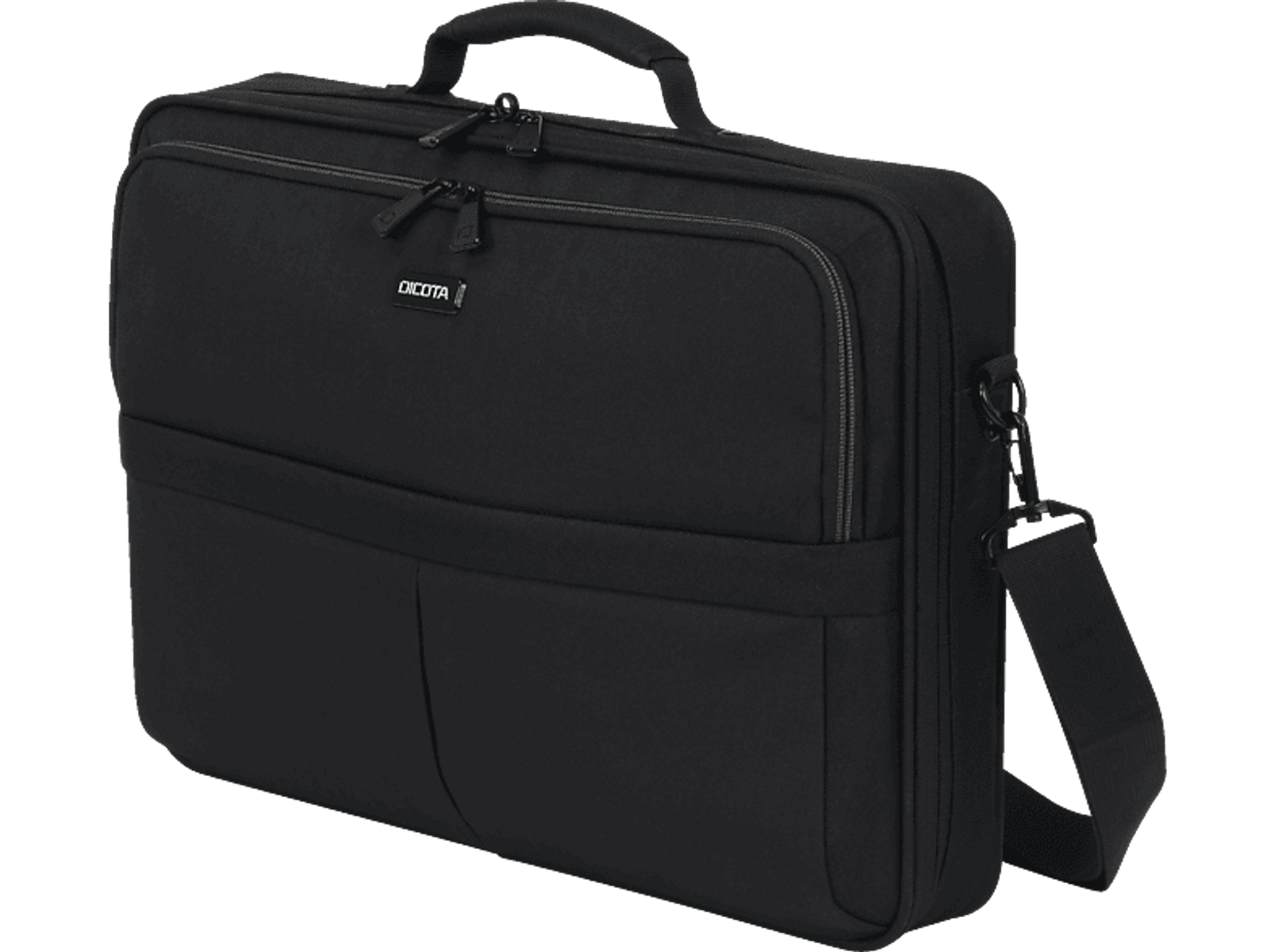 Eine schwarze Dicota Laptoptasche. Sie hat einen Griff, einen Schultergurt und mehrere Fächer.