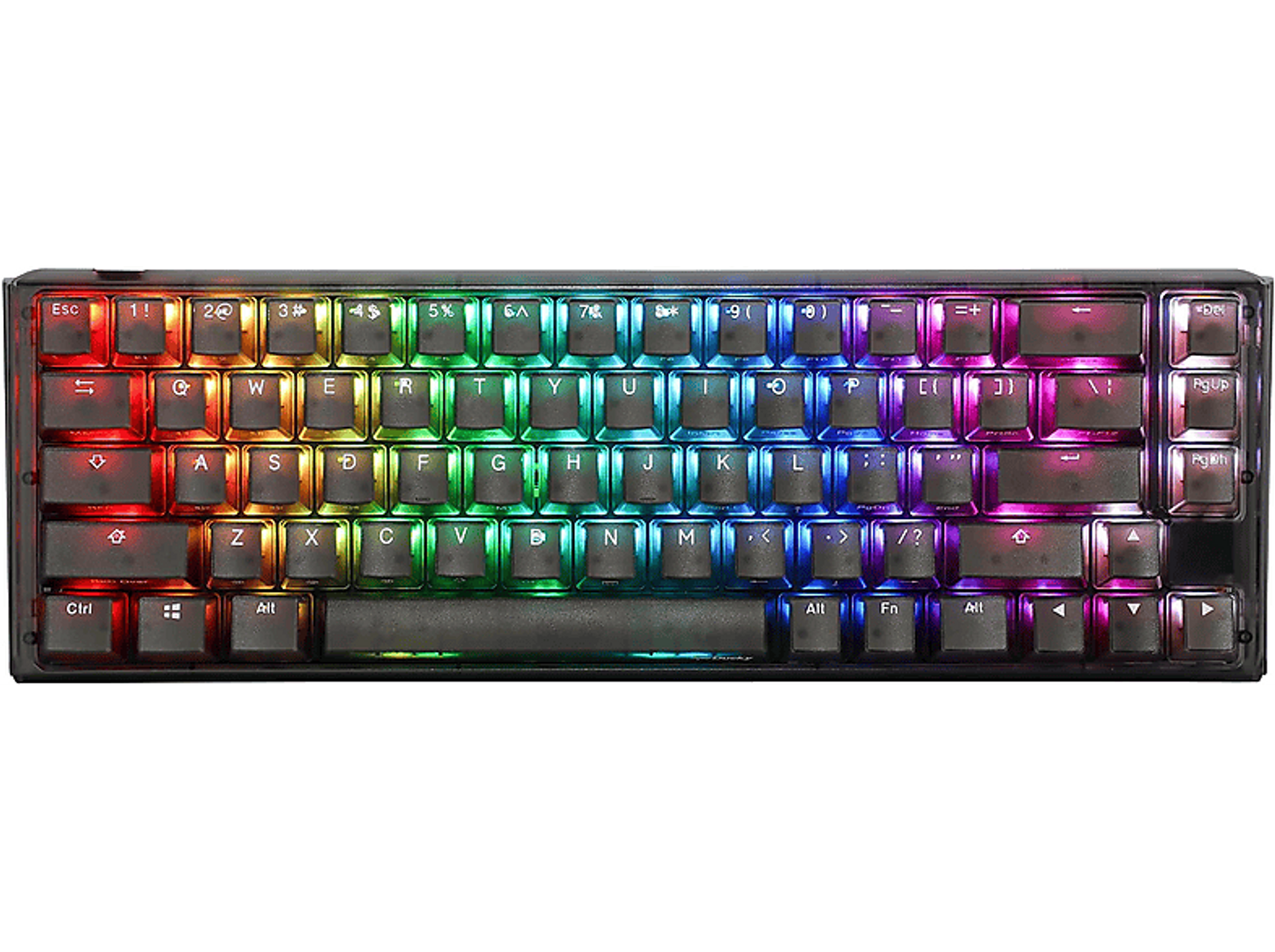 Czarna klawiatura z podświetlanymi klawiszami, wyświetlająca różne kolory. Układ jest standardowy.