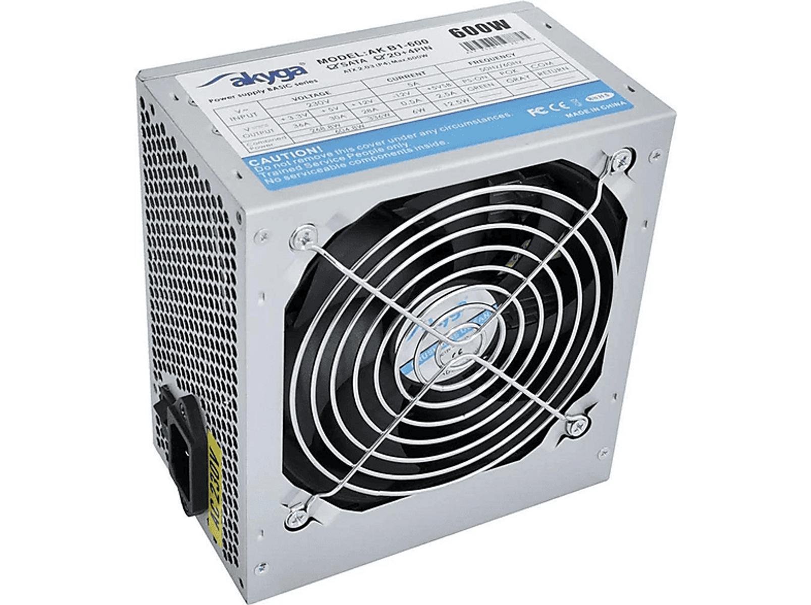 Srebrno-czarny zasilacz z wentylatorem i etykietami. Marka AKYGA.